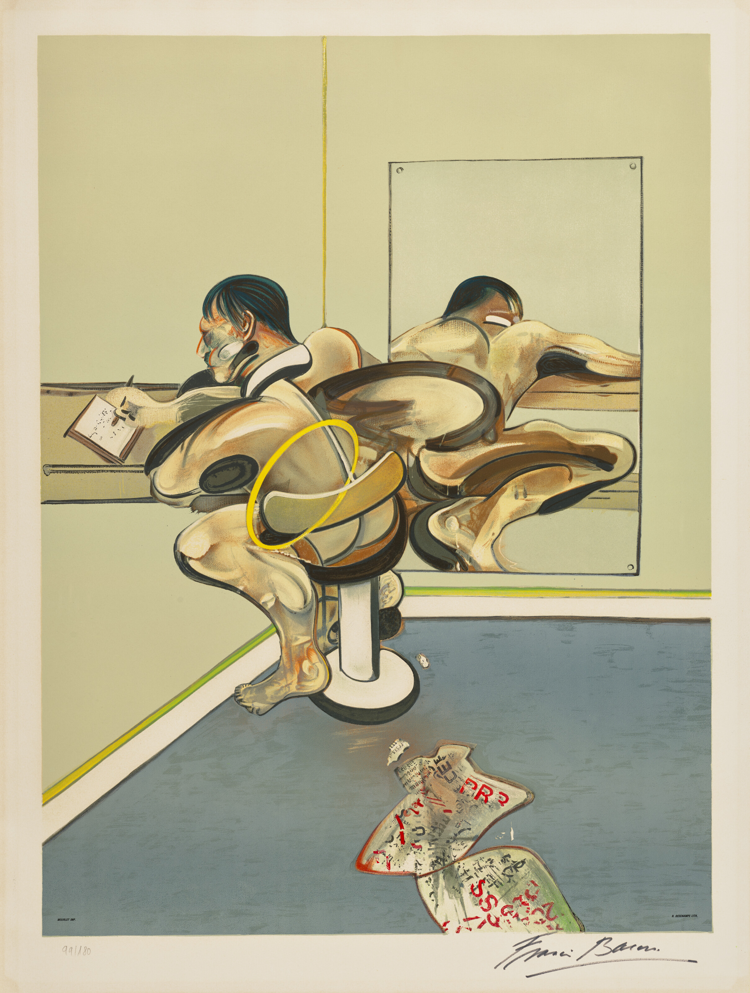 Homme écrivant reflété dans un miroir
