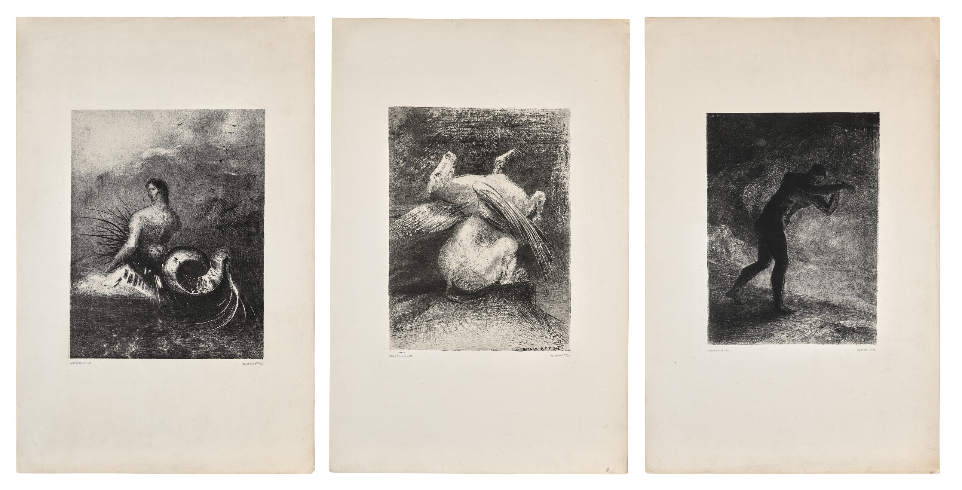 La sirène sortie des flots, vêtue de dards (i); L'aile impuissante n'éleva point la bête en ces noirs espaces (ii); Et l'homme parut, interrogeant le sol d'où il sort et qui l'attire, il se fraya la voie vers des sombres clartés (iii); planches issues de l'album Les Origines
