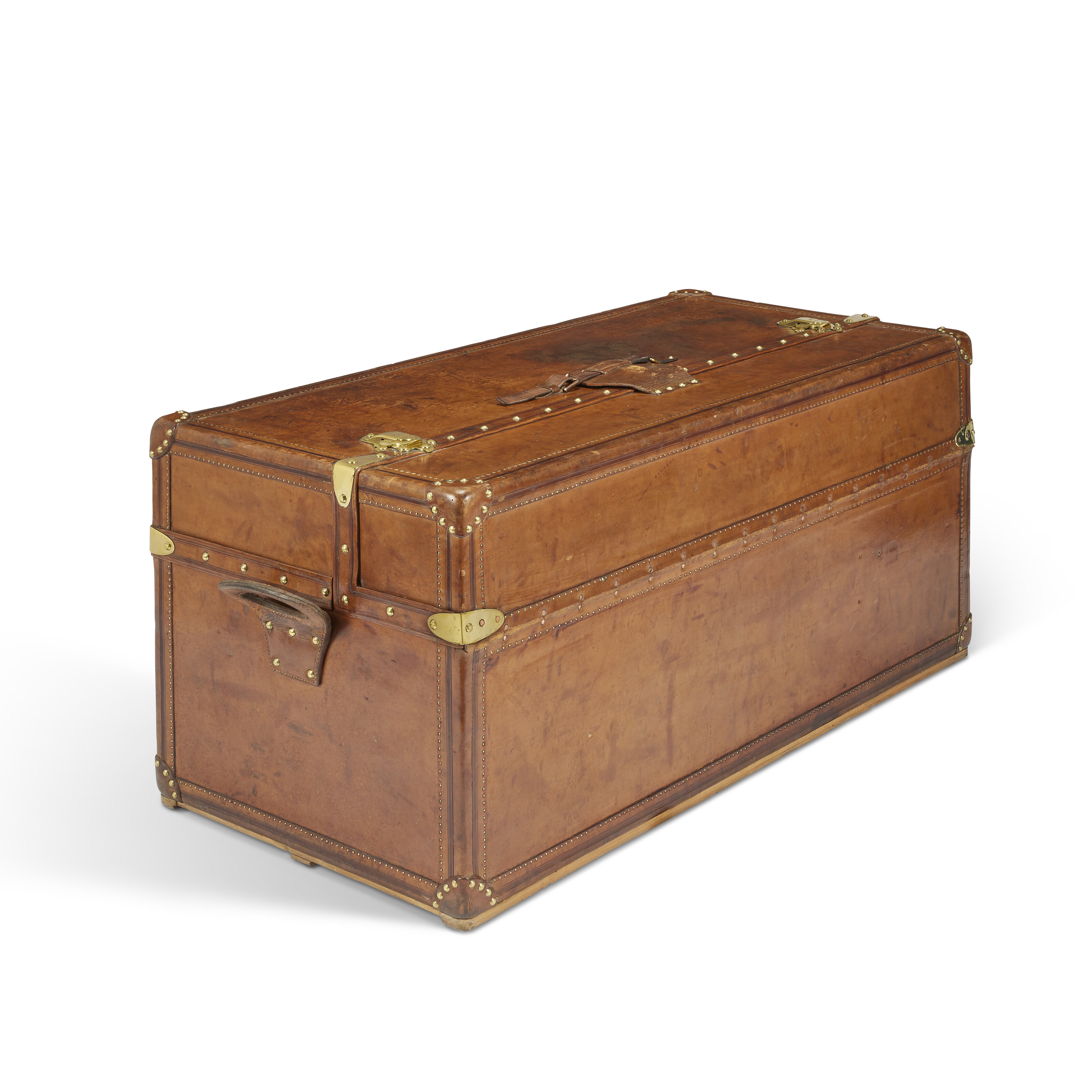 A NATURAL COWHIDE LEATHER IDEAL TRUNK WITH BRASS HARDWARE, LOUIS
