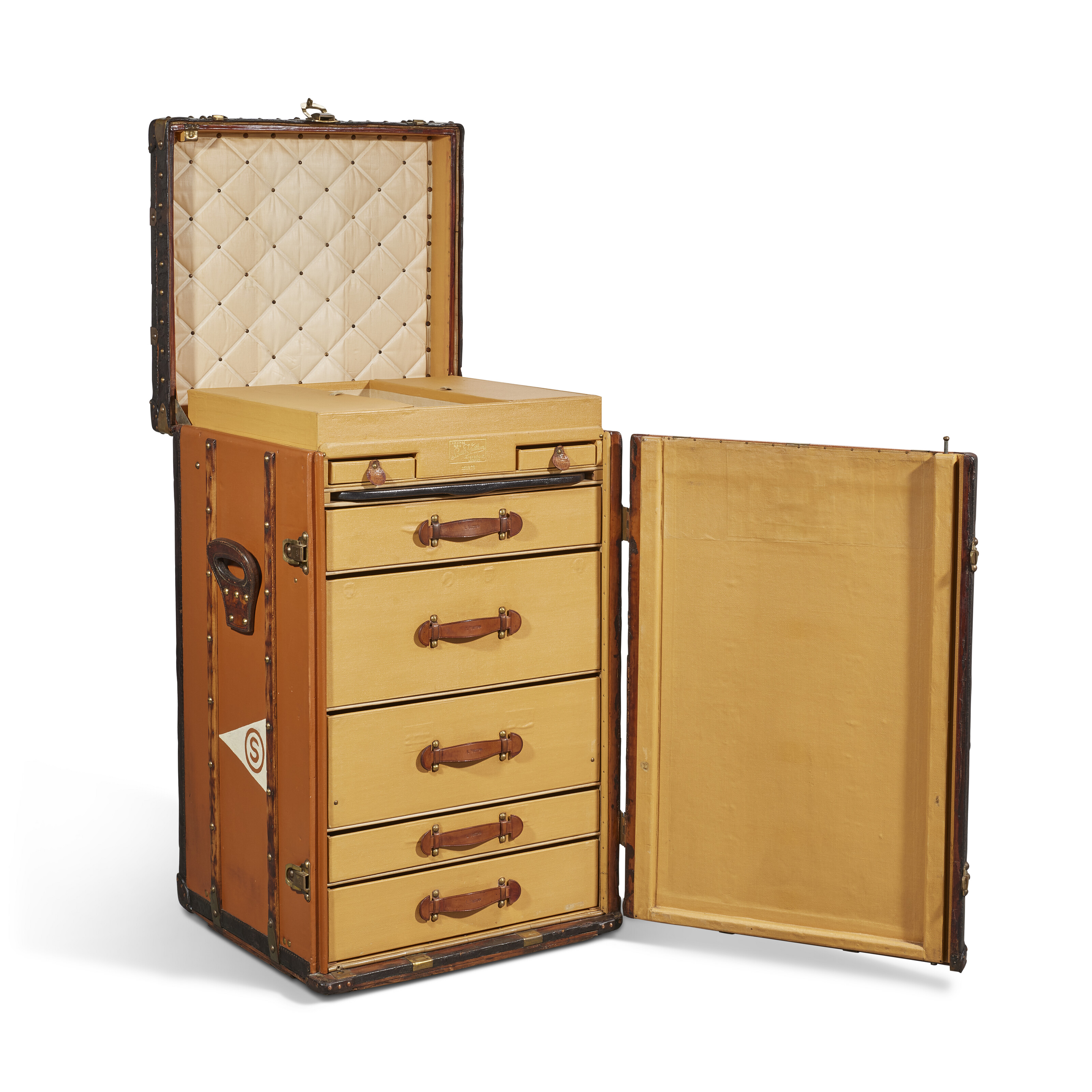 AN ORANGE VUITTONITE CANVAS DESK TRUNK FOR LINEN WITH BRASS