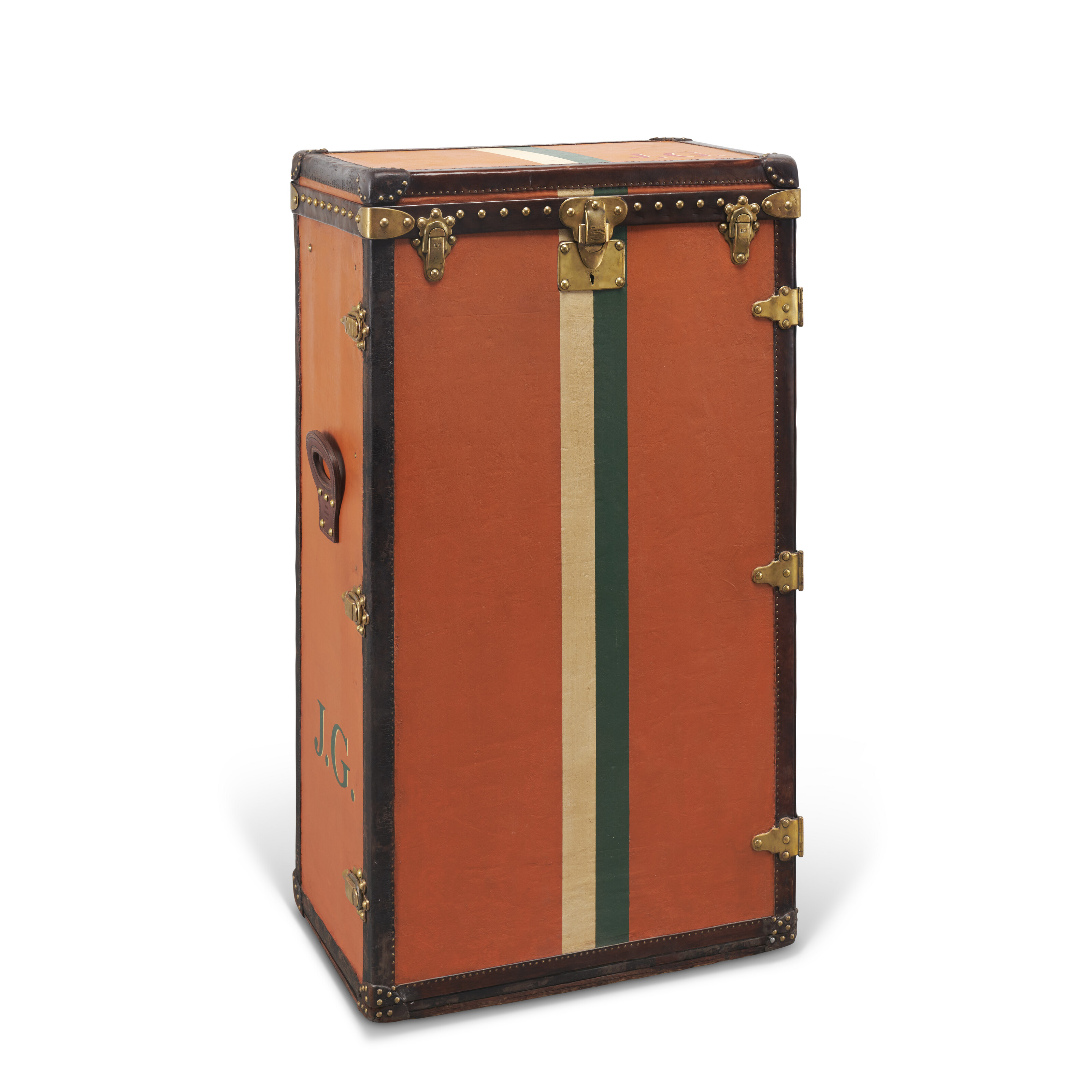A BEIGE & BROWN STRIPED CANVAS CABIN 90 TRUNK WITH BRASS HARDWARE