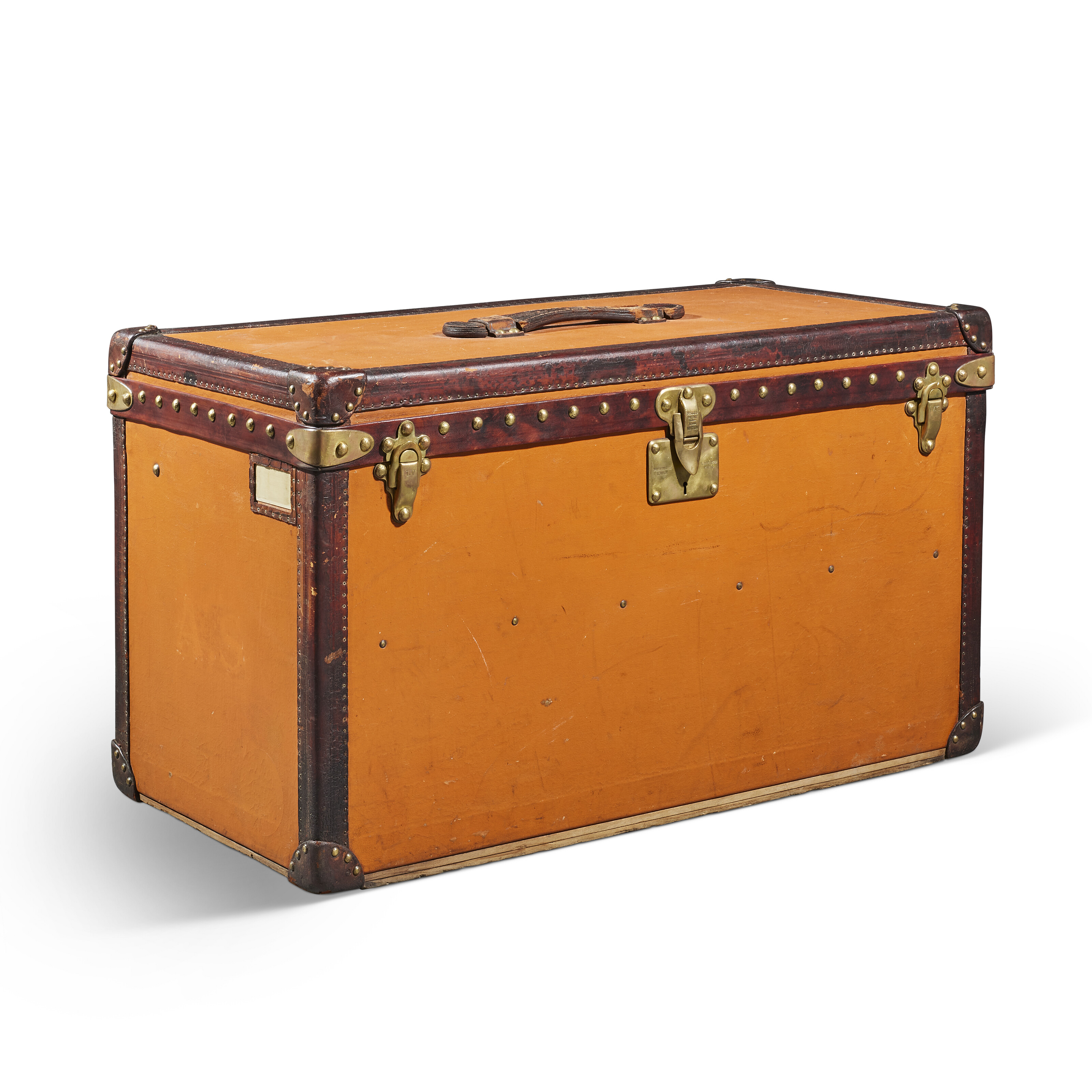 A BEIGE & BROWN STRIPED CANVAS CABIN 90 TRUNK WITH BRASS HARDWARE