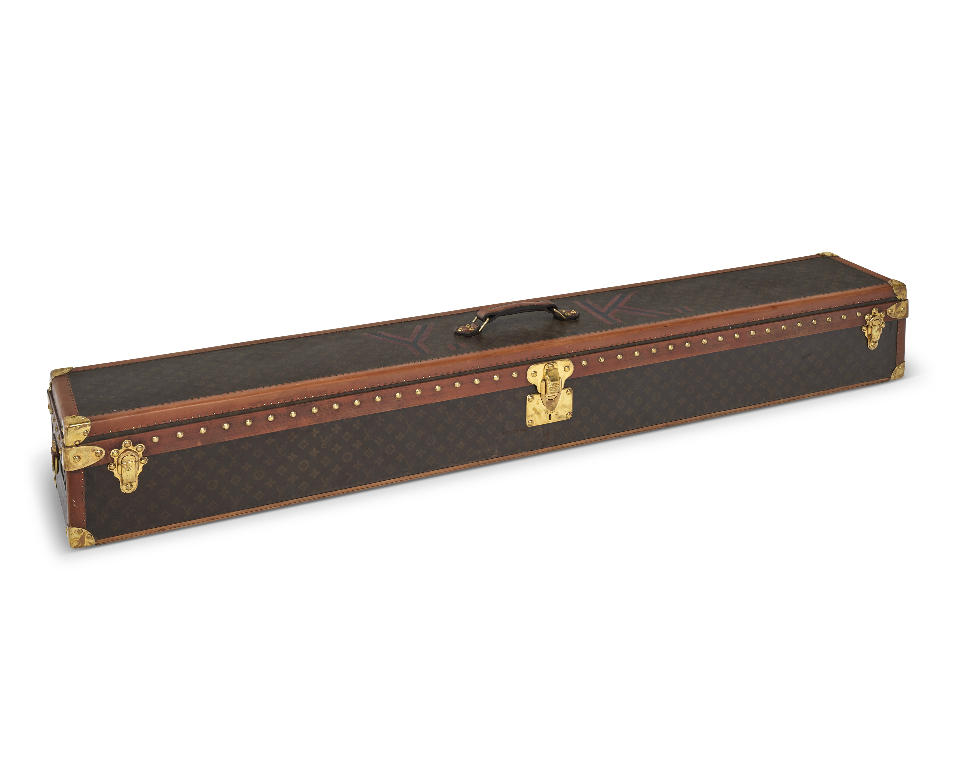 RARE, MONOGRAM CANVAS FISHING TRUNK WITH BRASS HARDWARE, LOUIS