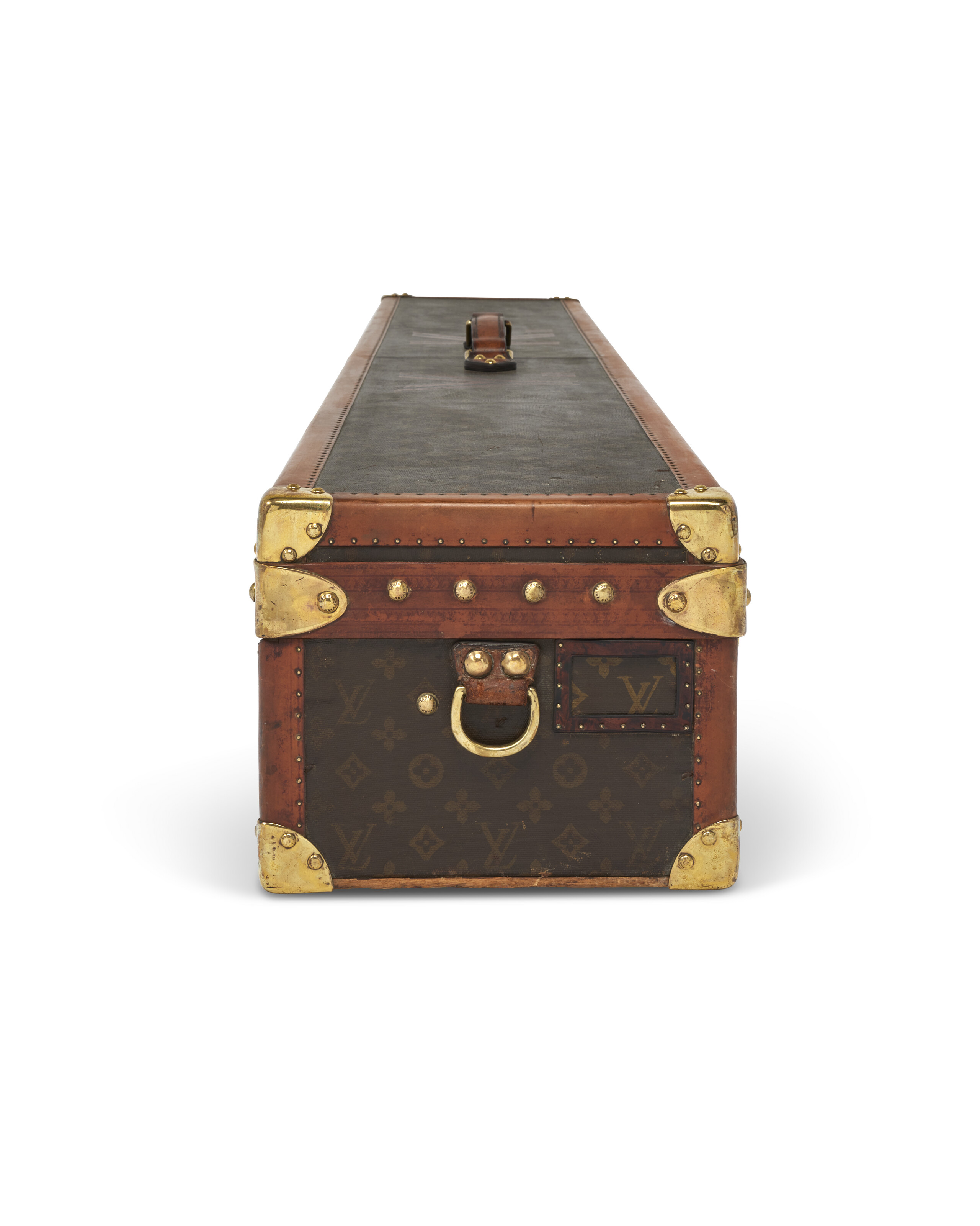 RARE, MONOGRAM CANVAS FISHING TRUNK WITH BRASS HARDWARE, LOUIS