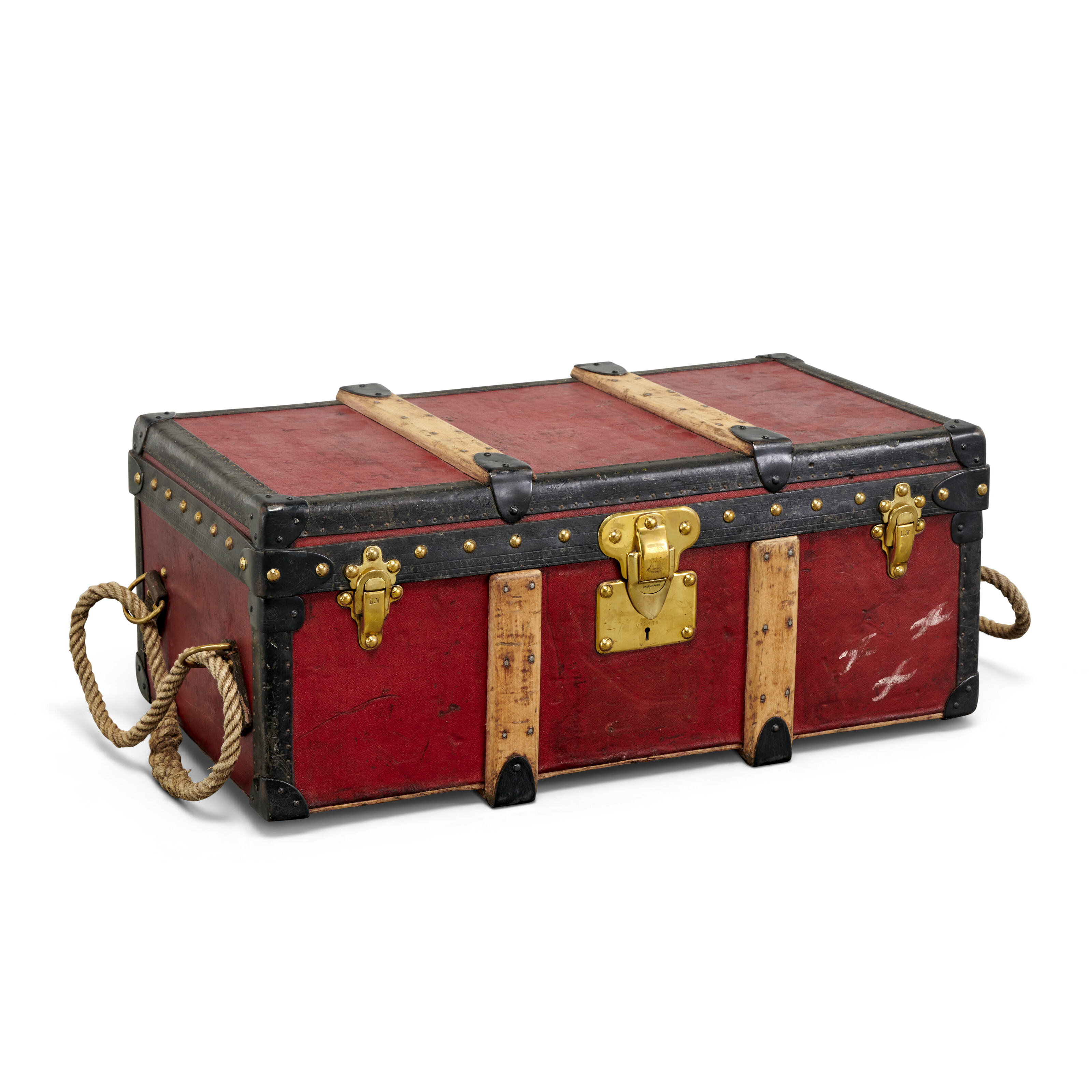 A RED VUITTONITE CANVAS TRUNK WITH BRASS HARDWARE, LOUIS VUITTON