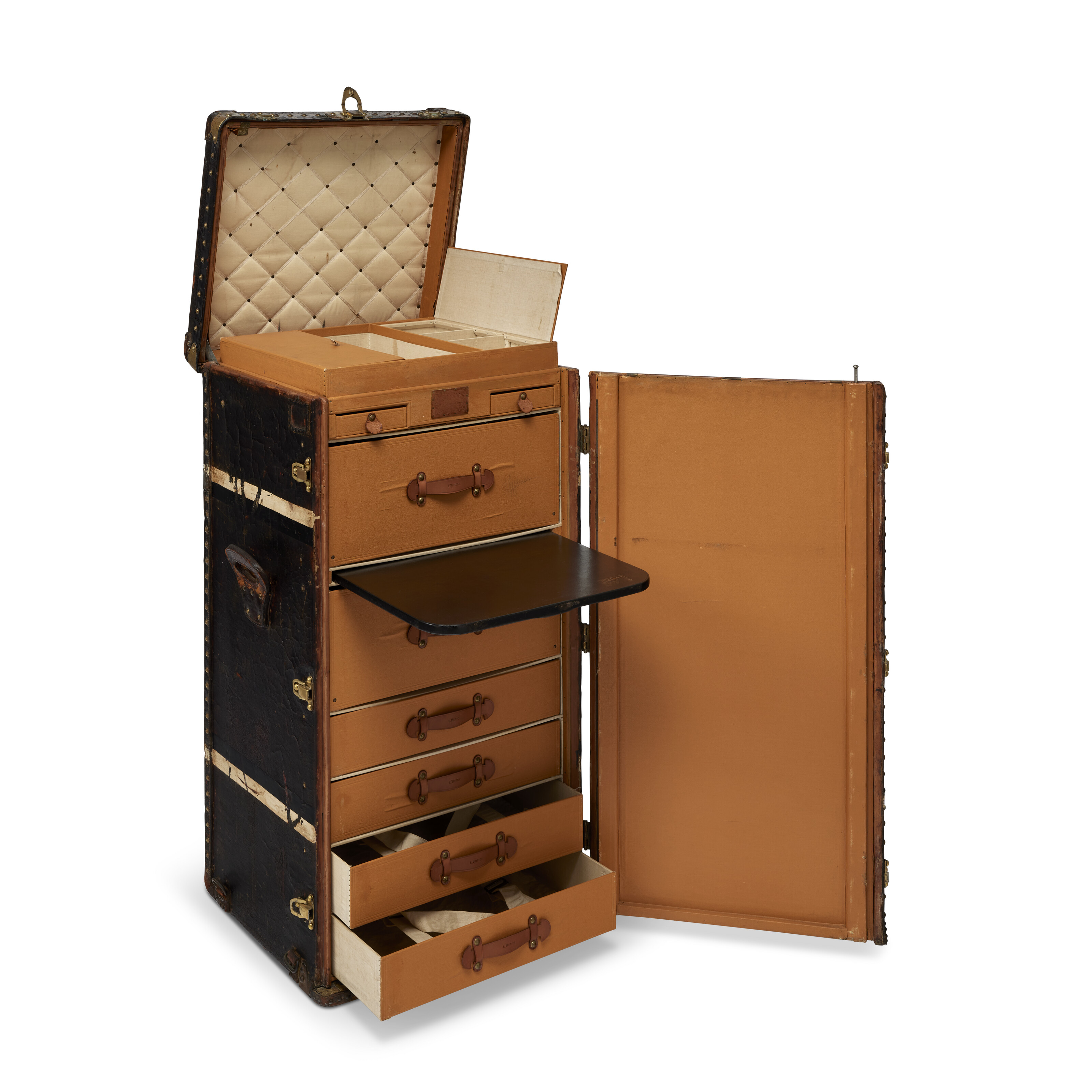 A COWHIDE LEATHER SECRETARY DESK TRUNK WITH BRASS HARDWARE, LOUIS