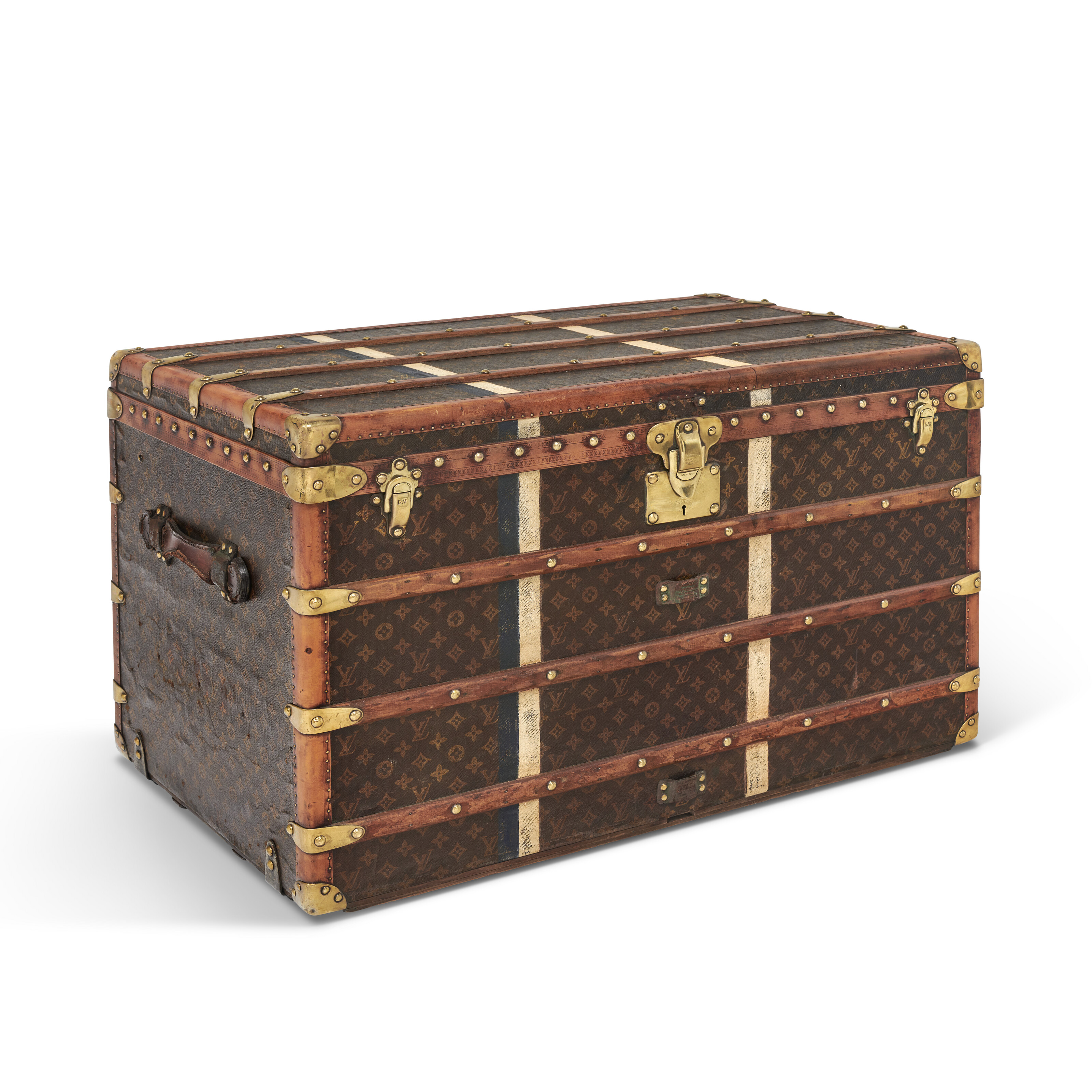 A SPECIAL ORDER MONOGRAM CANVAS CROQUET TRUNK WITH BRASS