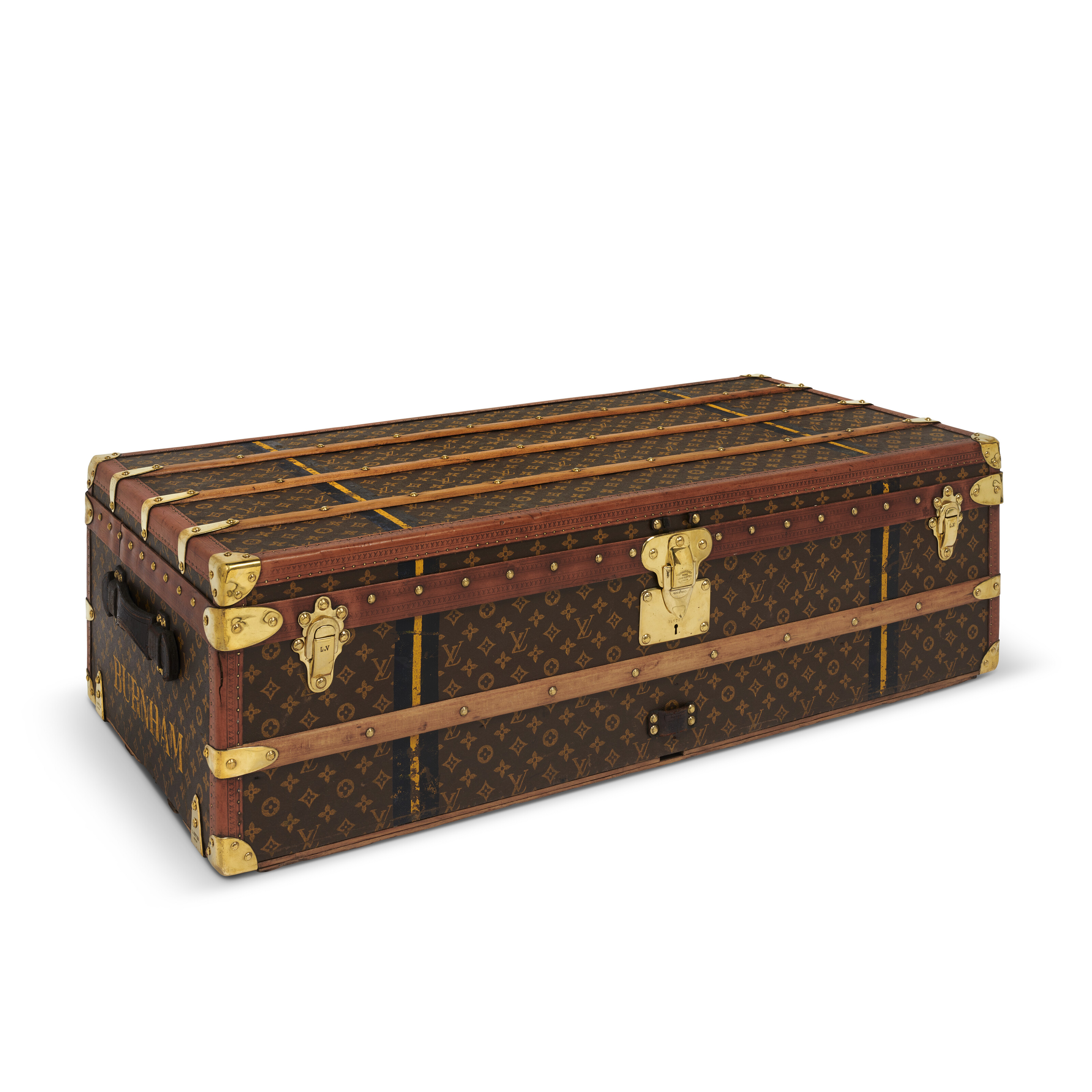 A RARE, BLACK WOODEN EXPLORATOR'S CAMP BED TRUNK WITH BLACK