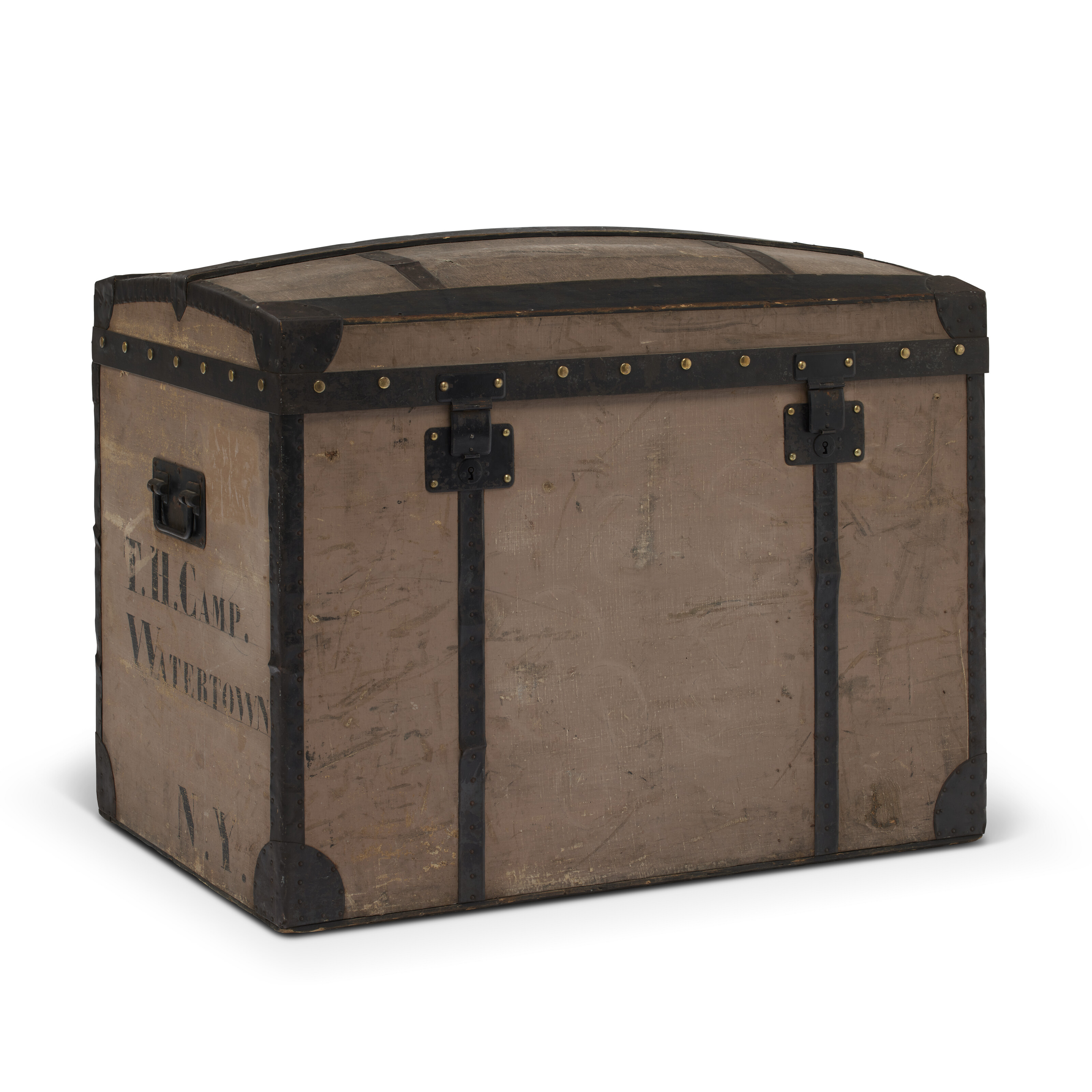 A GRIS TRIANON COATED CANVAS ROUNDED LID TRUNK WITH BLACK LACQUERED ...