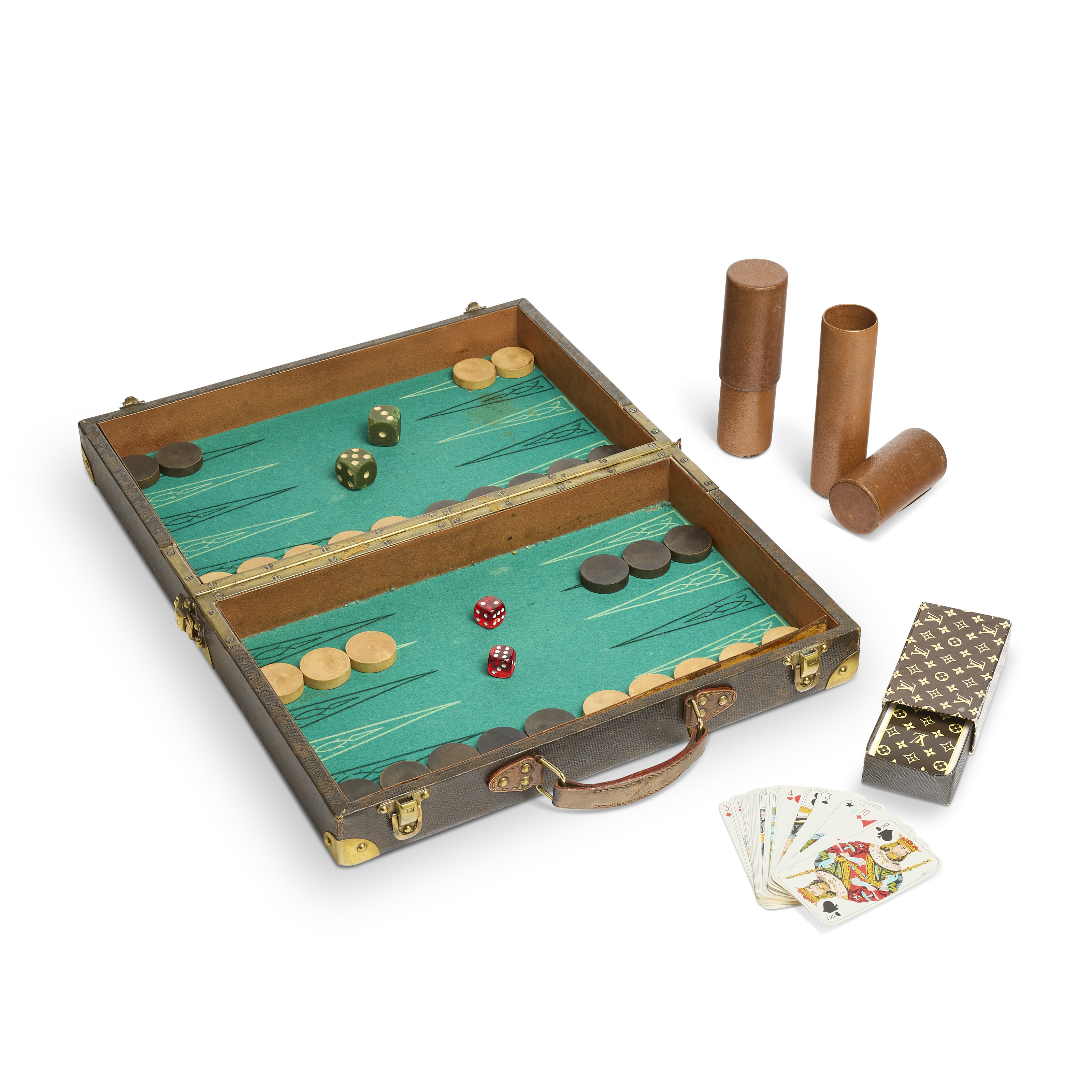 A MONOGRAM CANVAS BACKGAMMON SUITCASE WITH BRASS HARDWARE, LOUIS