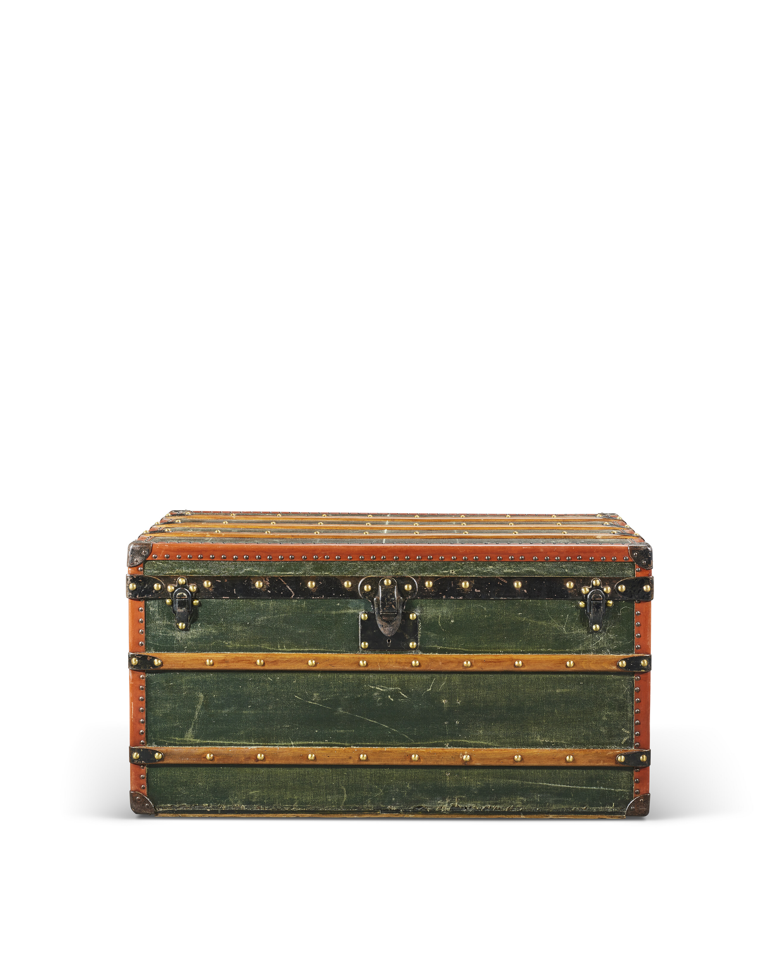 A GREEN VUITTONITE CANVAS COURRIER 90 TRUNK WITH BLACK LACQUERED