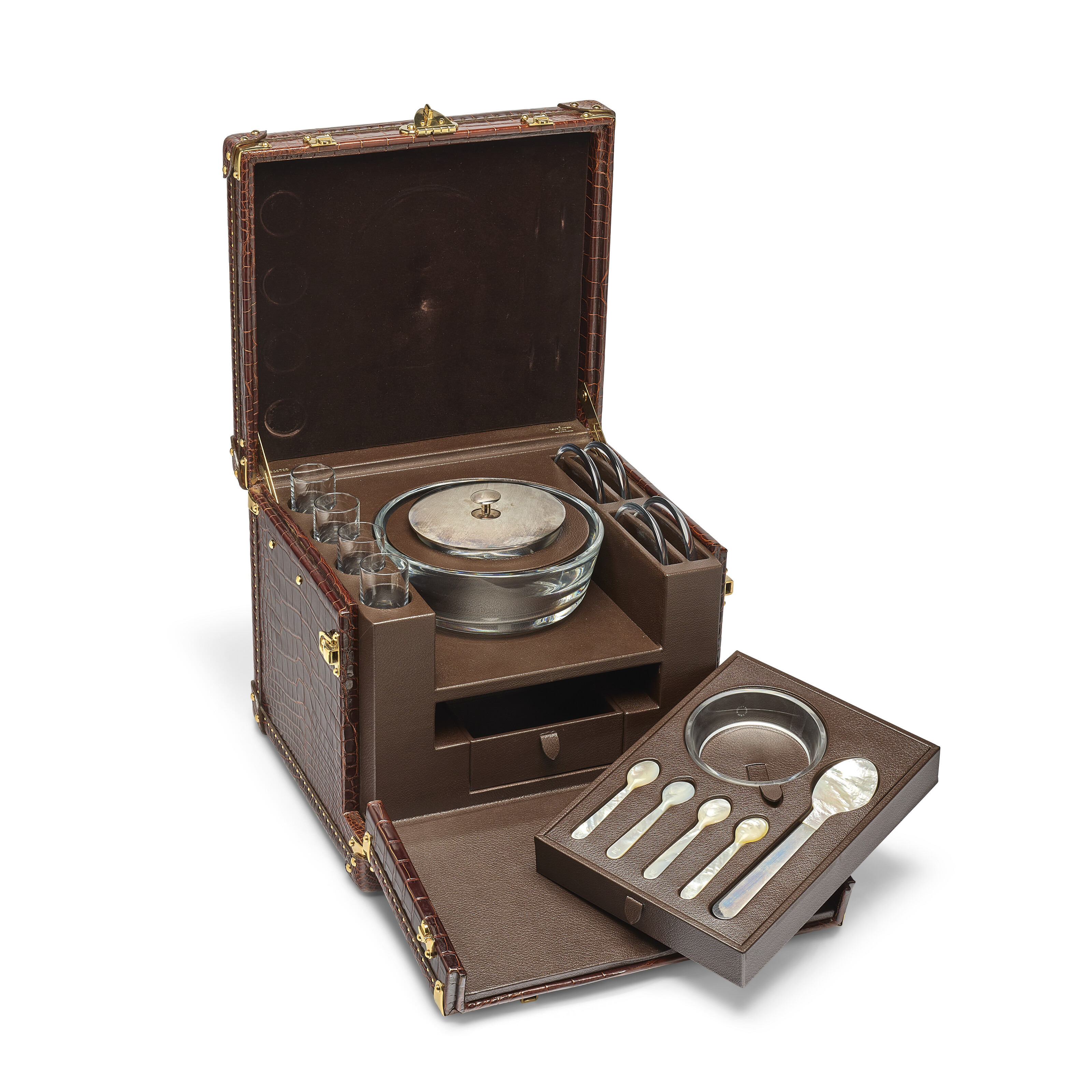 A SPECIAL ORDER SHINY BROWN ALLIGATOR CAVIAR SET BOX WITH GOLD