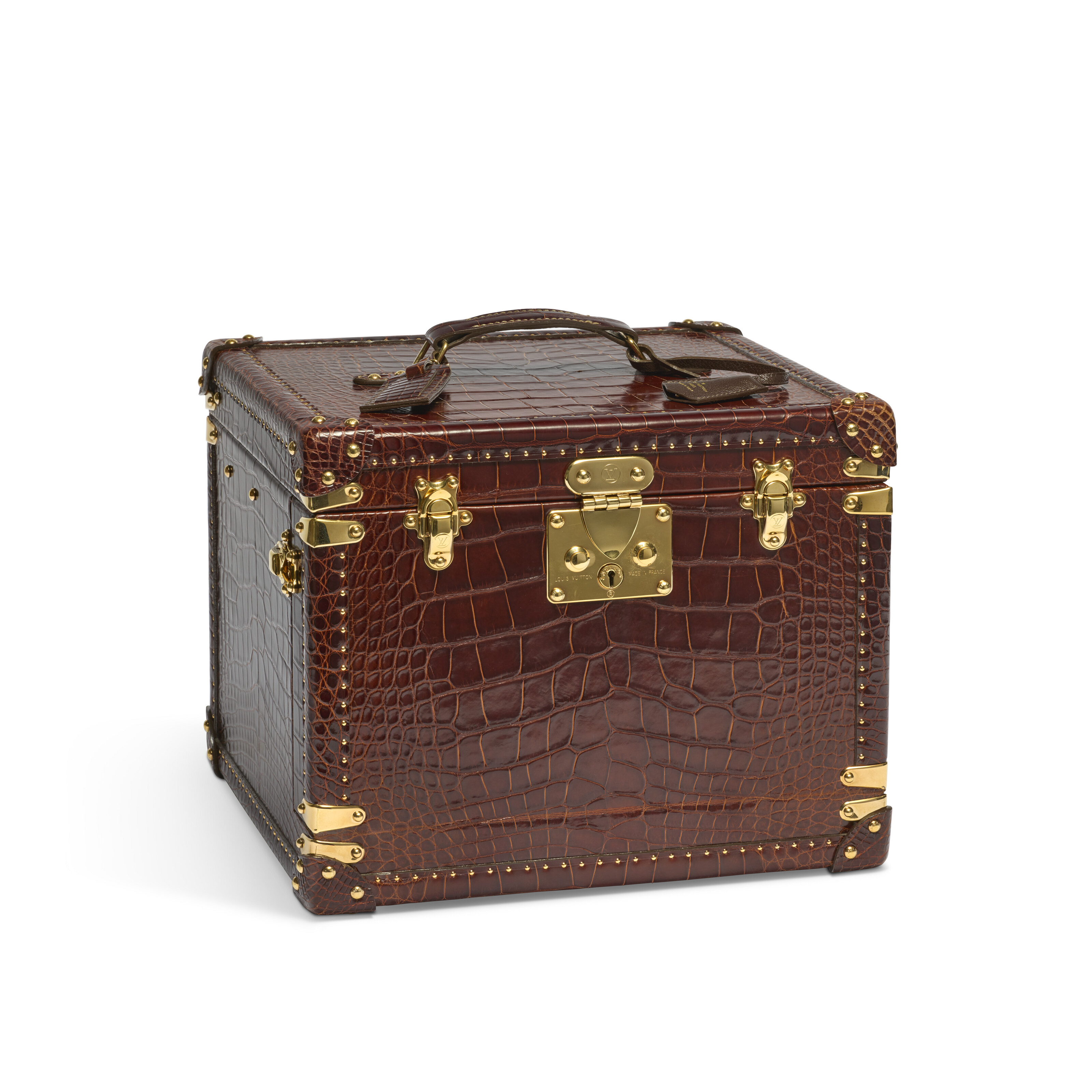 A SPECIAL ORDER SHINY BROWN ALLIGATOR CAVIAR SET BOX WITH GOLD