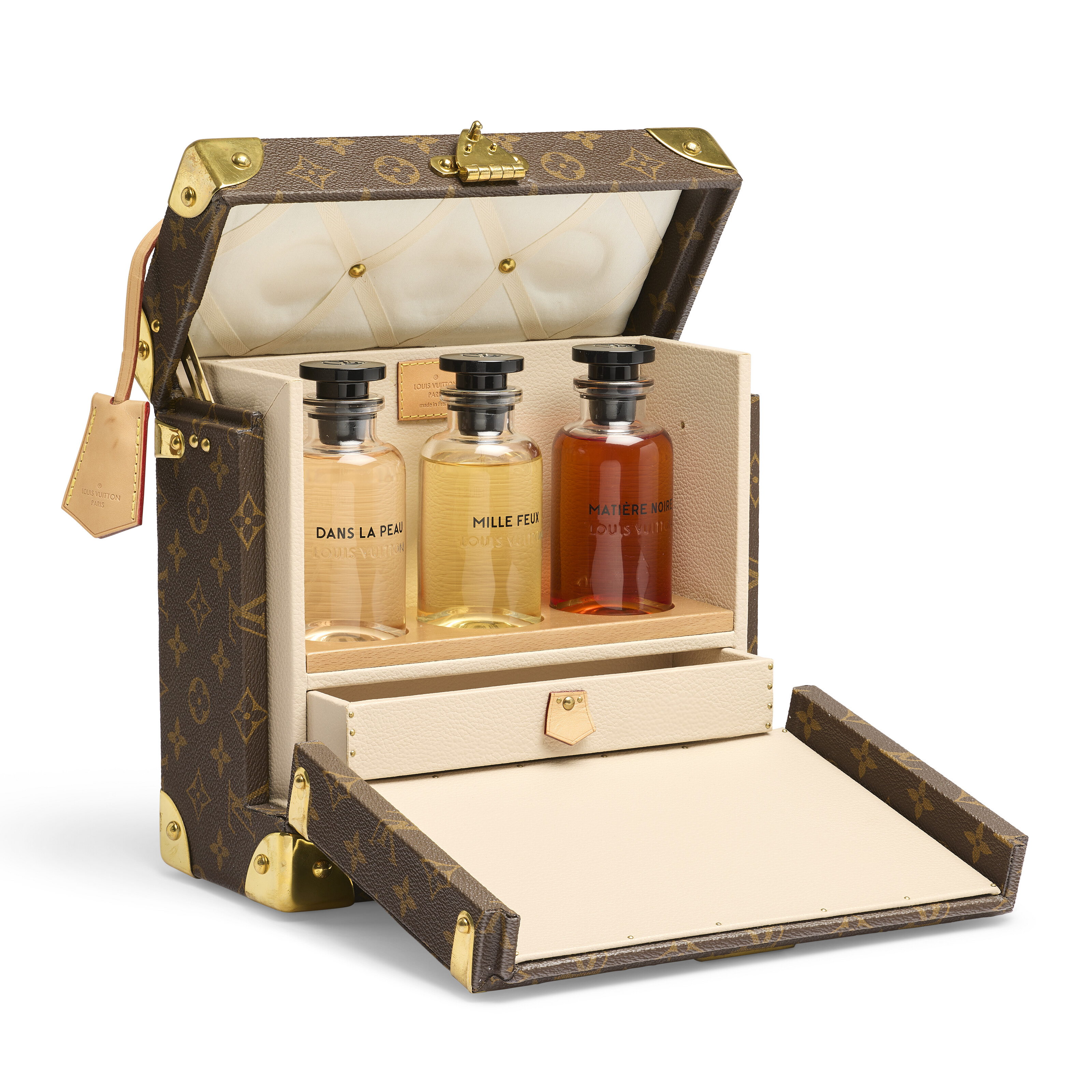 A SPECIAL ORDER SHINY BROWN ALLIGATOR CAVIAR SET BOX WITH GOLD