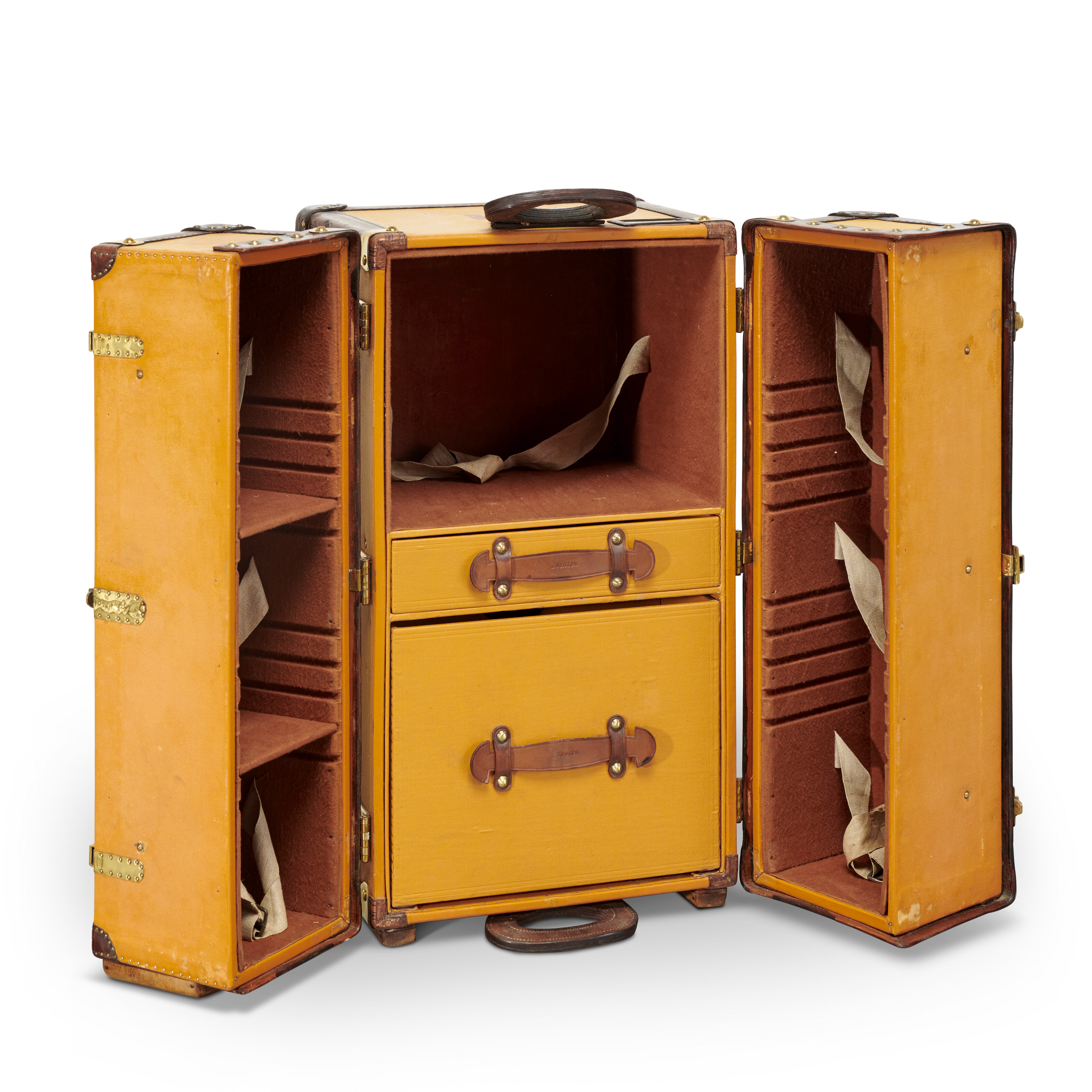A yellow Vuittonite canvas library trunk with brass hardware, Louis Vuitton, 1926, offered in Legendary trunks: A European Private Collection until 3 July 2024 at Christie's Online