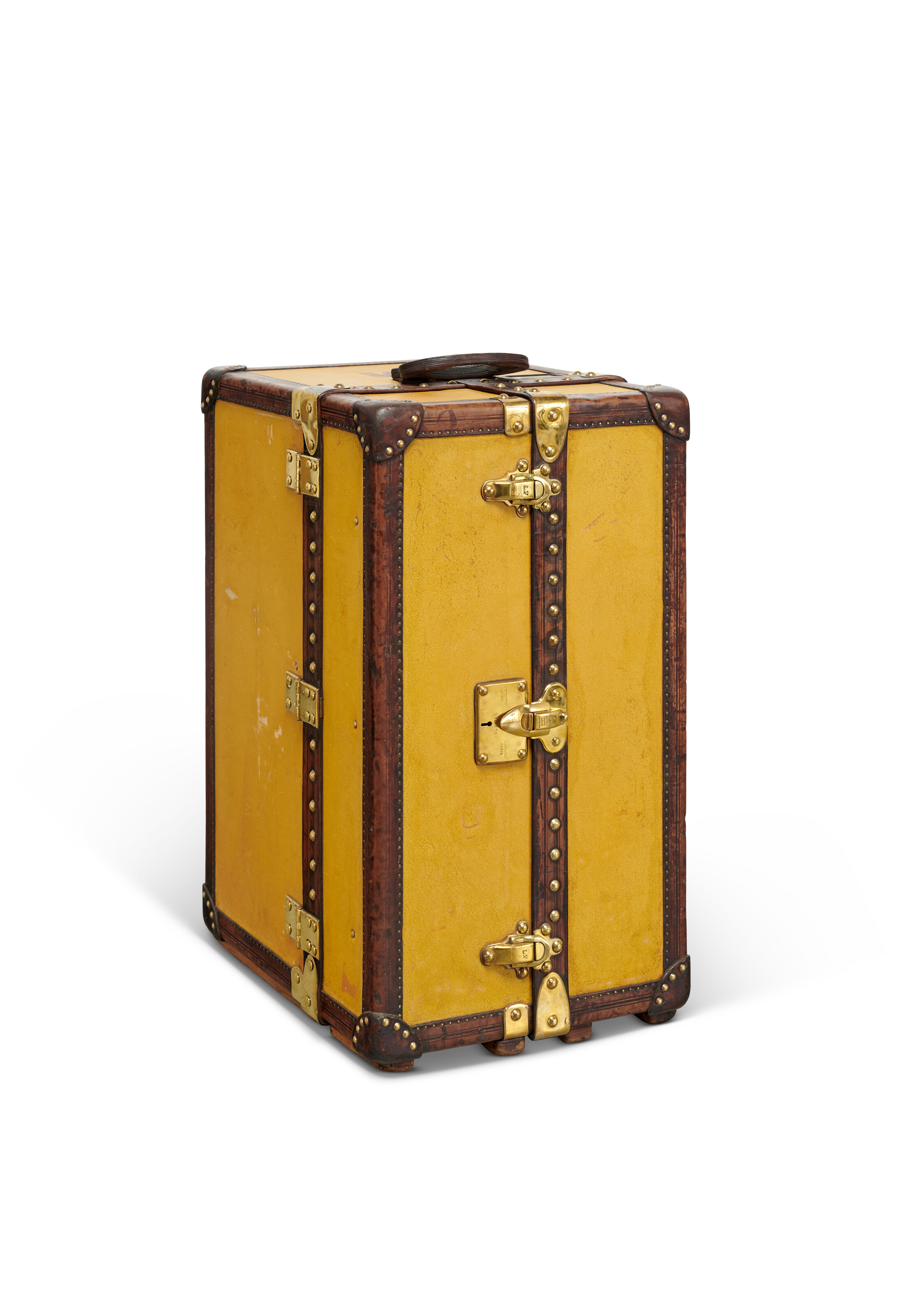 A YELLOW VUITTONITE CANVAS LIBRARY TRUNK WITH BRASS HARDWARE