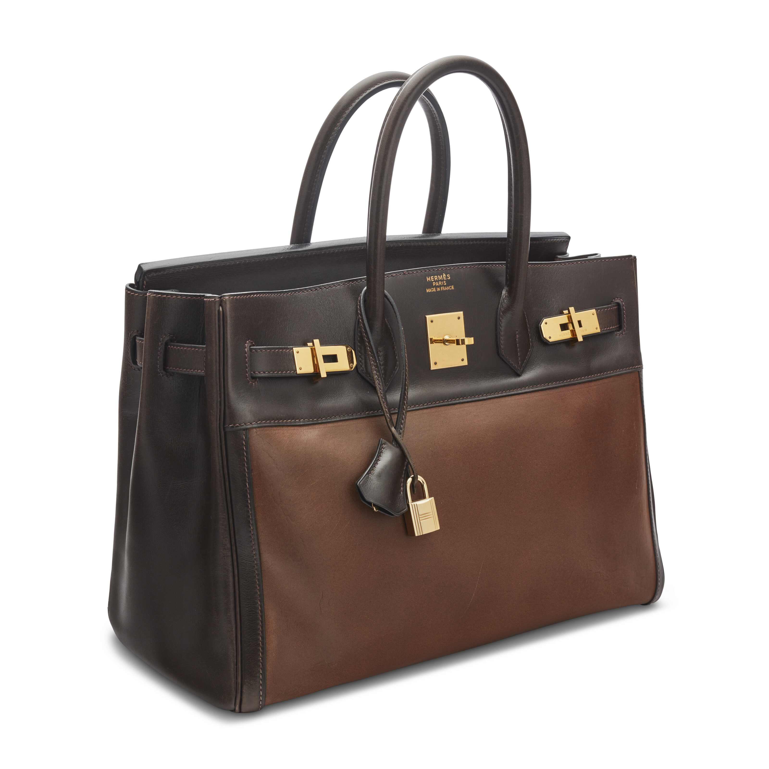 AN AMAZONIA & MARRON FONCÉ CALF BOX BIRKIN 35 WITH GOLD HARDWARE