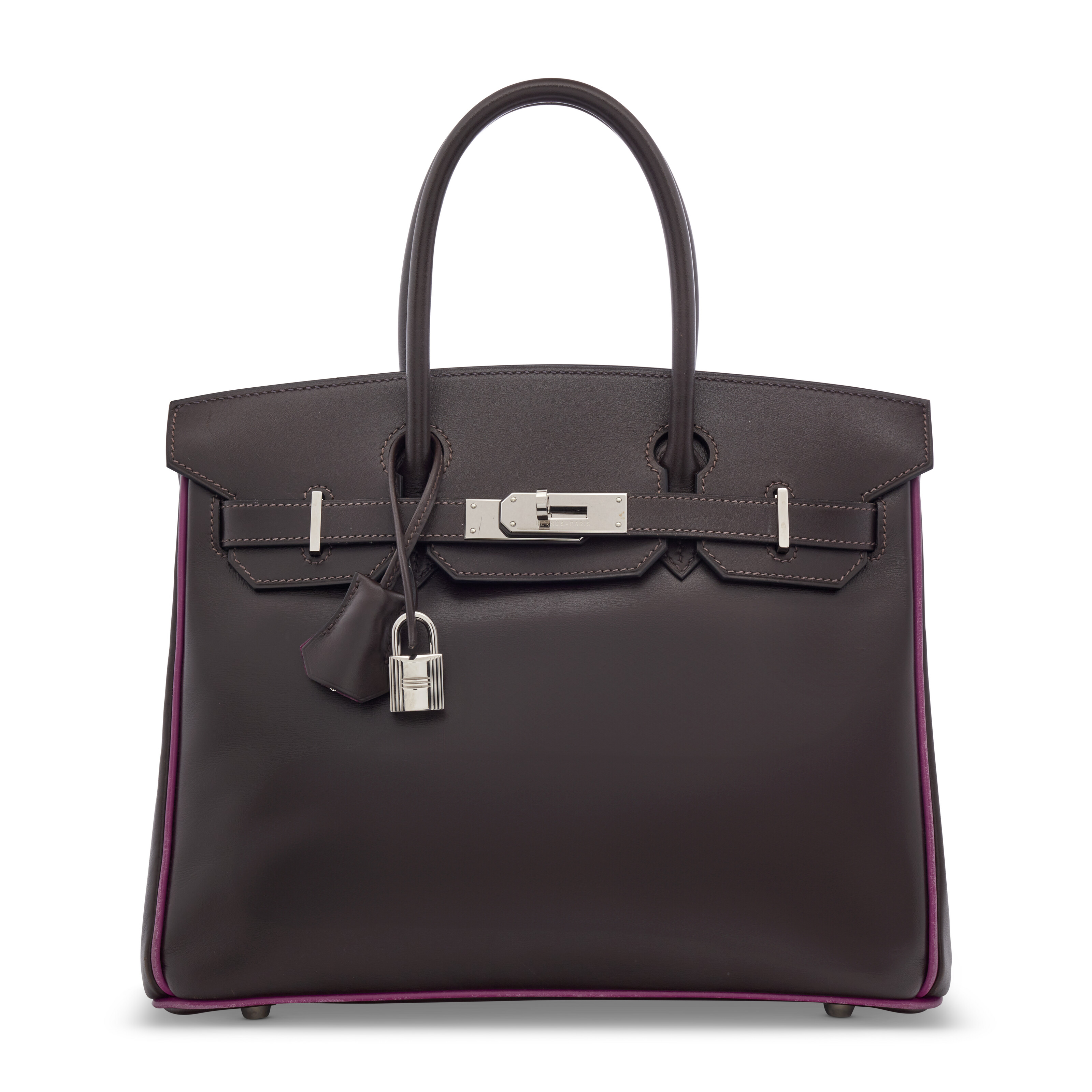 AN AMAZONIA & MARRON FONCÉ CALF BOX BIRKIN 35 WITH GOLD