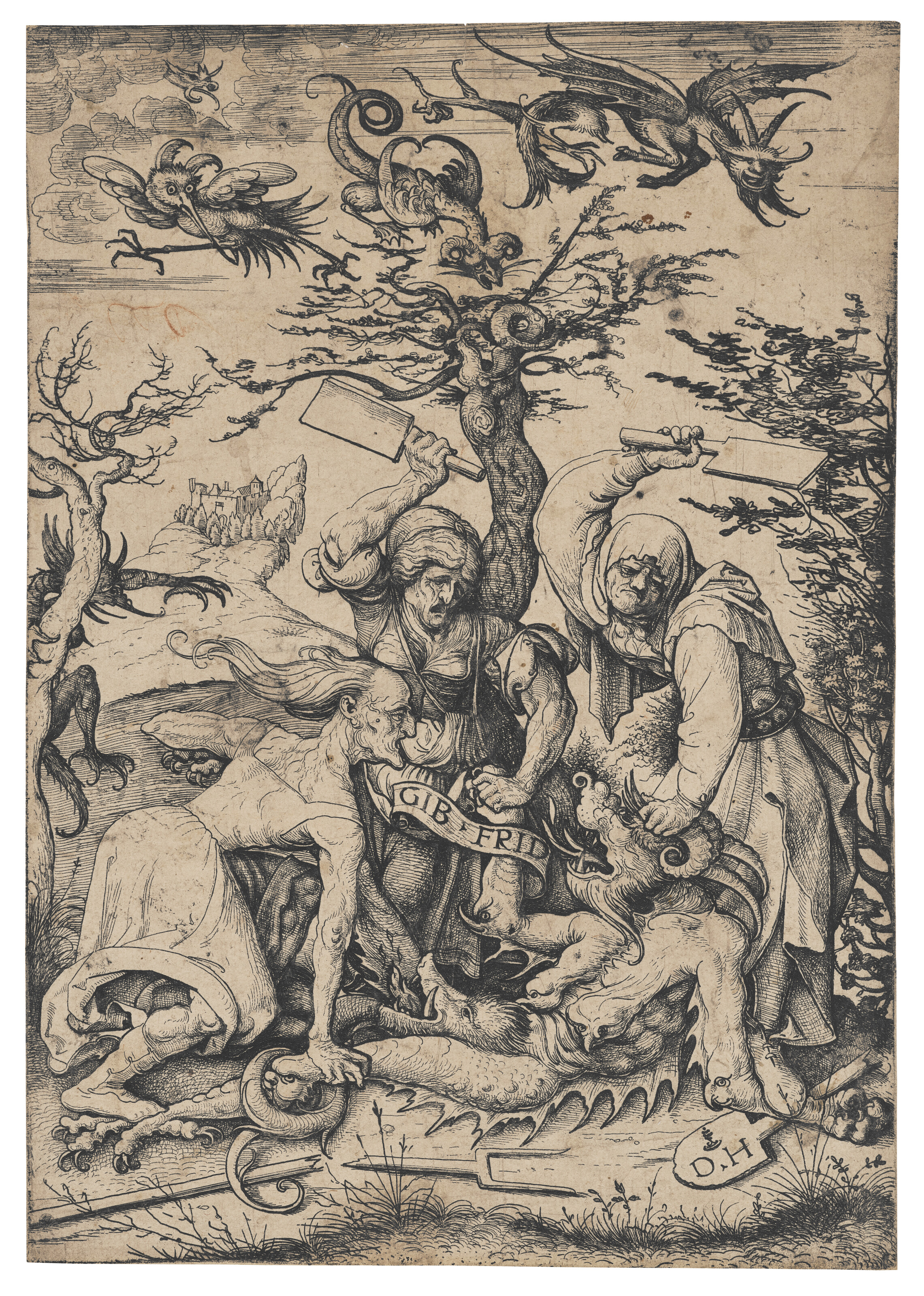 DANIEL HOPFER (1470-1536), Three Old Women beating the Devil (‘GIB FRID ...