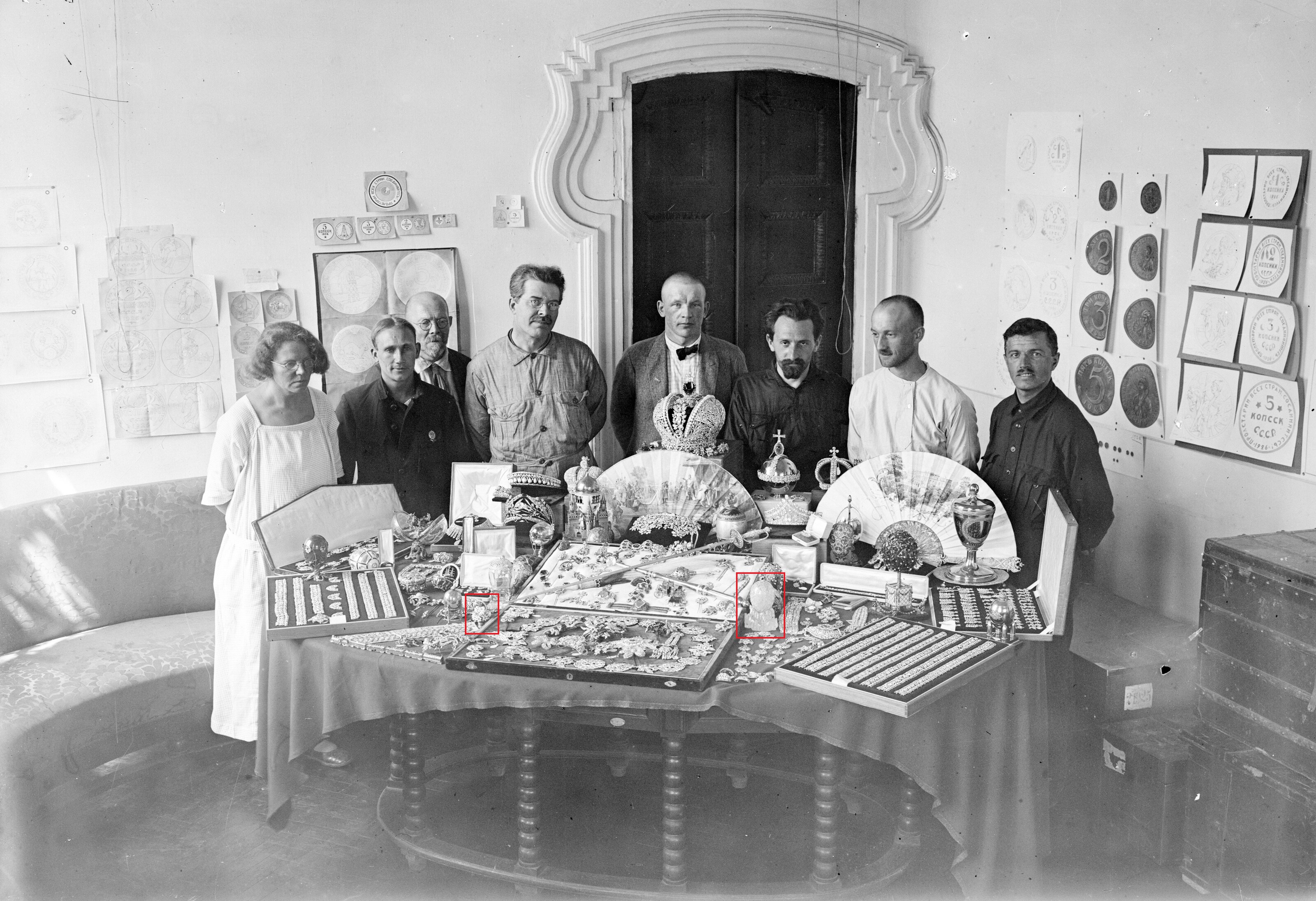 Imperial jewels in the premises of the Currency Administration of the People's Commissariat of Finance in Moscow, including the Winter Egg (right) and its 'surprise' (left), 1925