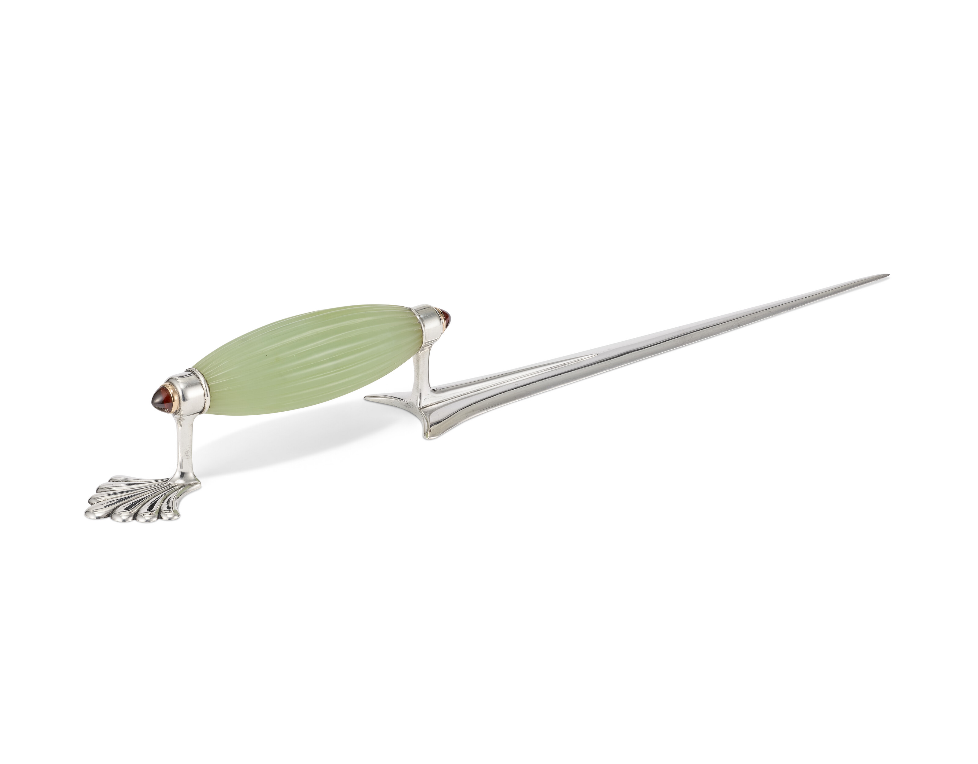 An imperial gem-set silver-mounted bowenite paper knife. By Faberge, workmaster Anna Ringe, St Petersburg, circa 1890, offered in The Winter Egg and Important Works by Faberge from a Princely Collection on 2 December 2025 at Christie's in London