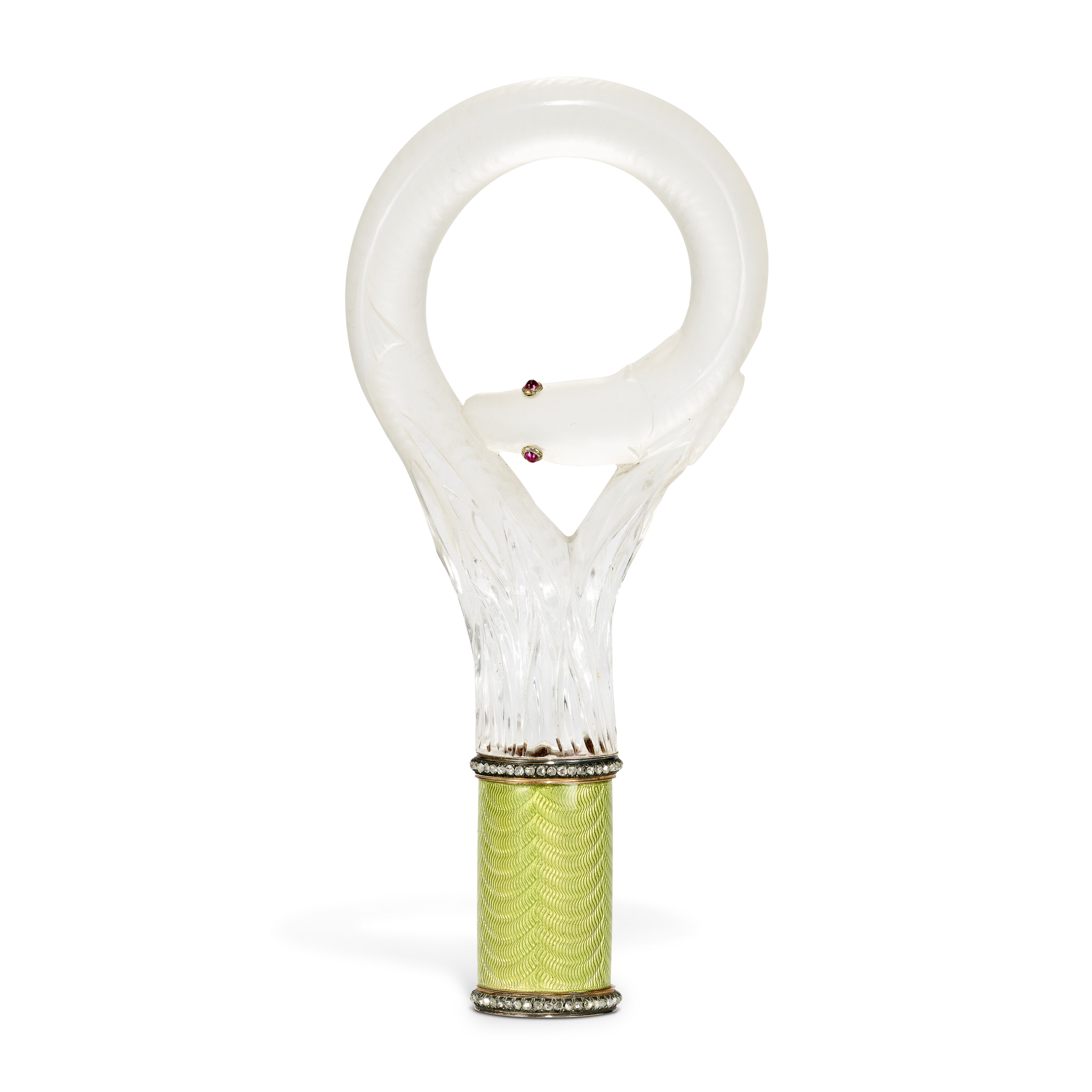 A jewelled guilloche enamel and rock crystal gold-mounted parasol handle. By Faberge, workmaster Michael Perchin, St Petersburg, circa 1890, offered in The Winter Egg and Important Works by Faberge from a Princely Collection on 2 December 2025 at Christie's in London