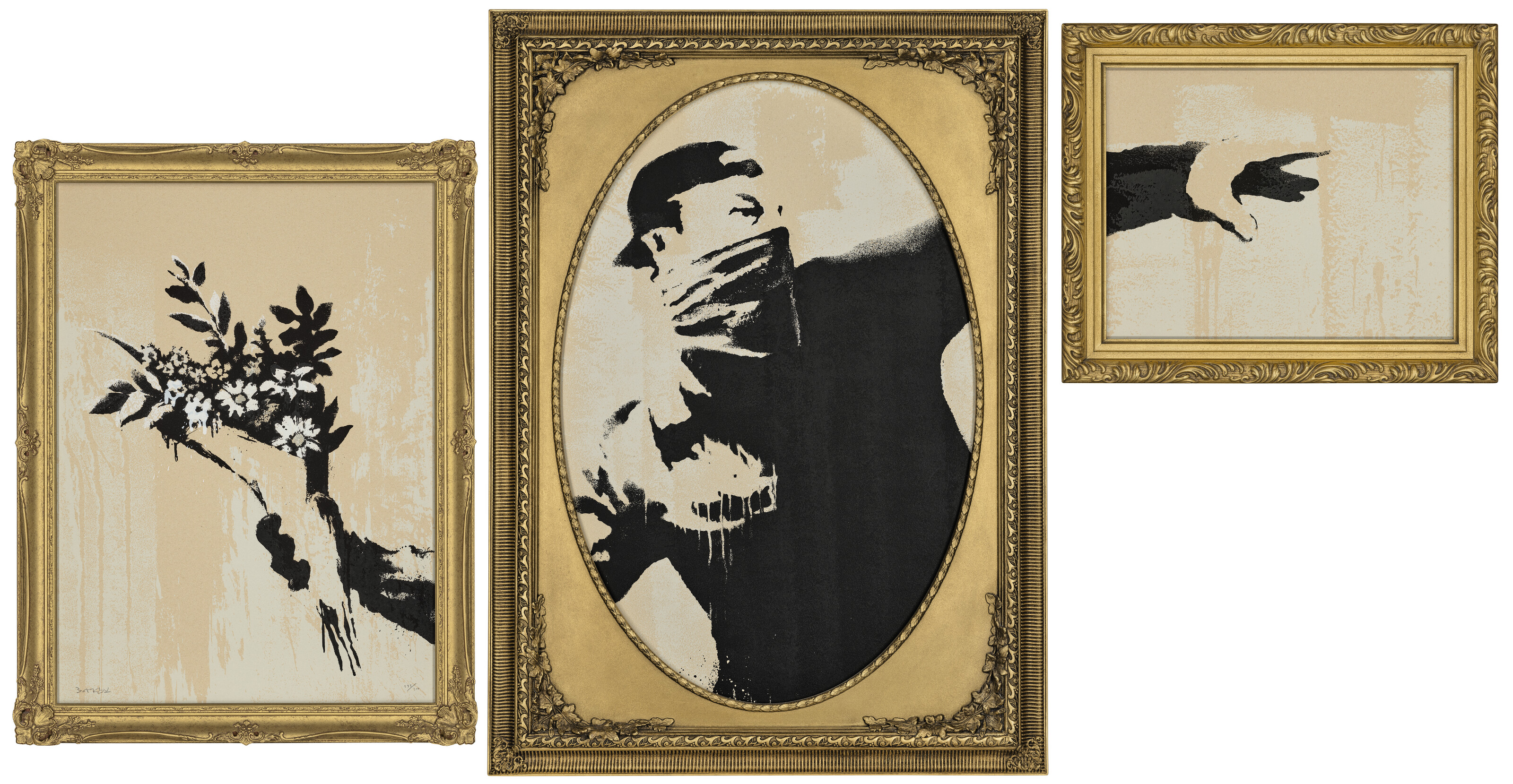 Banksy, Flower Thrower Triptych (Grey). The set of three screenprints in colours, 2019, offered in Contemporary Edition: London until 1 April 2025 at Christie's Online