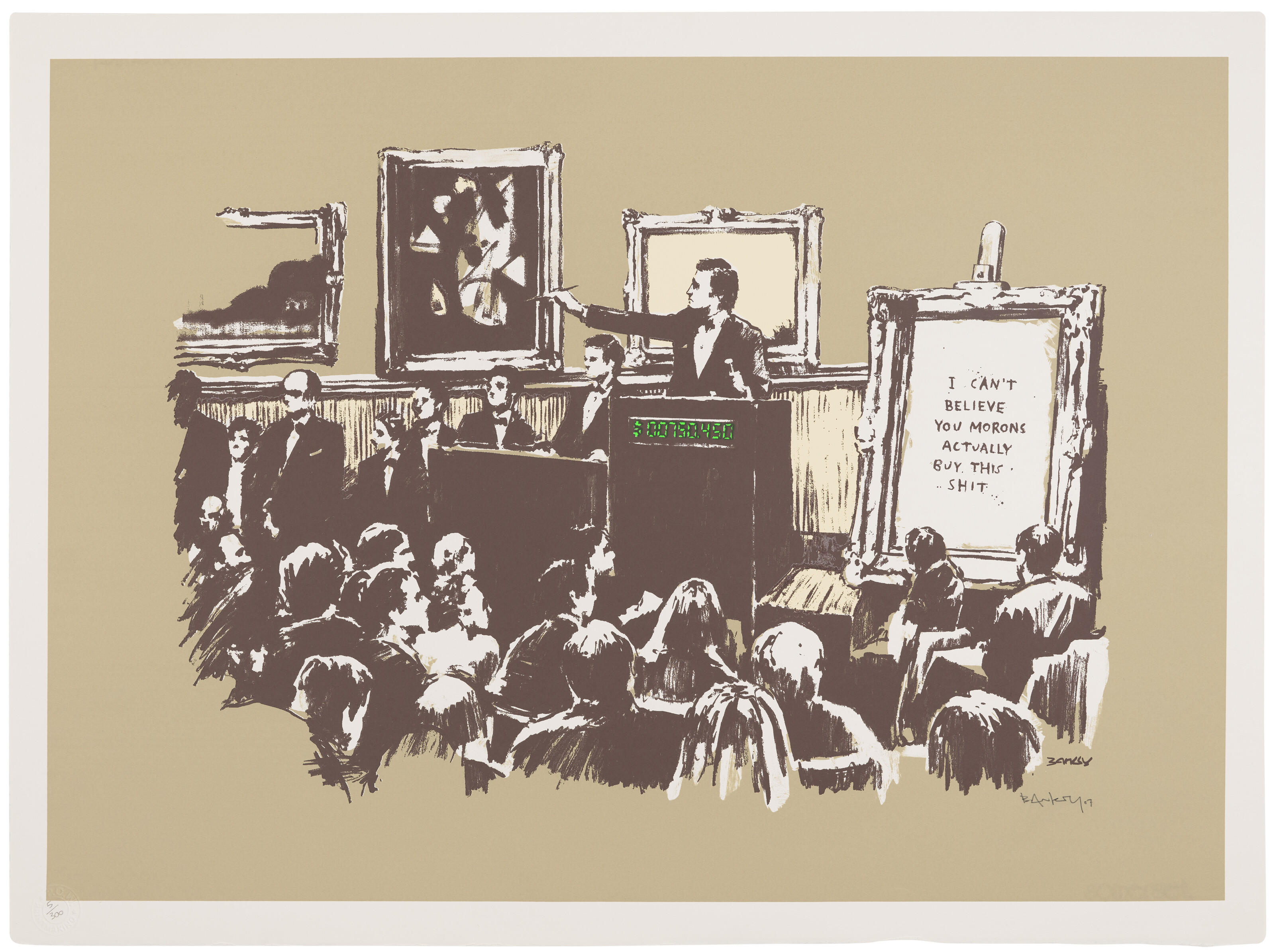 Banksy, Morons (Sepia). Screenprint in colours, 2007, offered in Contemporary Edition: London until 1 April 2025 at Christie's Online
