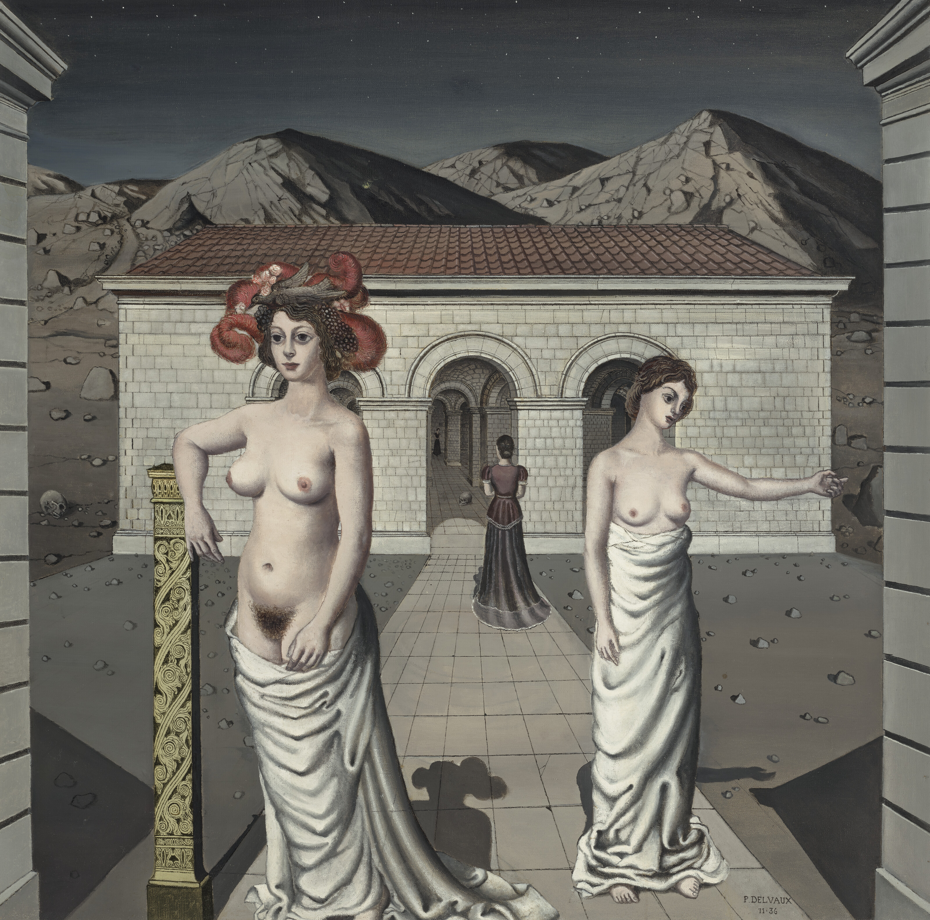 Paul Delvaux, Les belles de nuit (Comedie du soir ou La comedie), 1936, offered in The Art of the Surreal Evening Sale on 5 March 2025 at Christie's in London