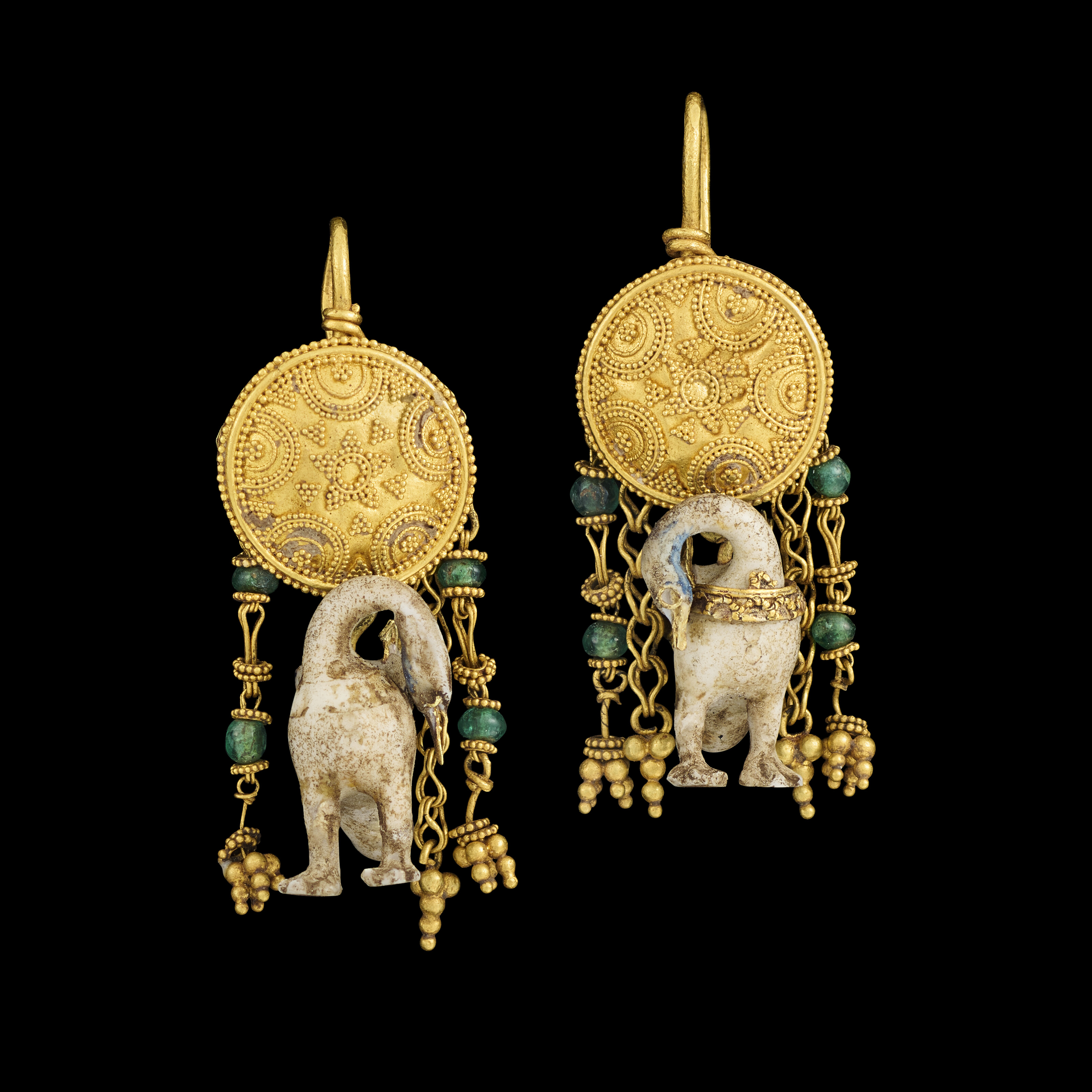 A pair of Greek gold, hardstone and enamel earrings, Hellenistic period, circa 3rd to 1st century B.C., offered in Antiquities on 2 July 2025 at Christie's in London