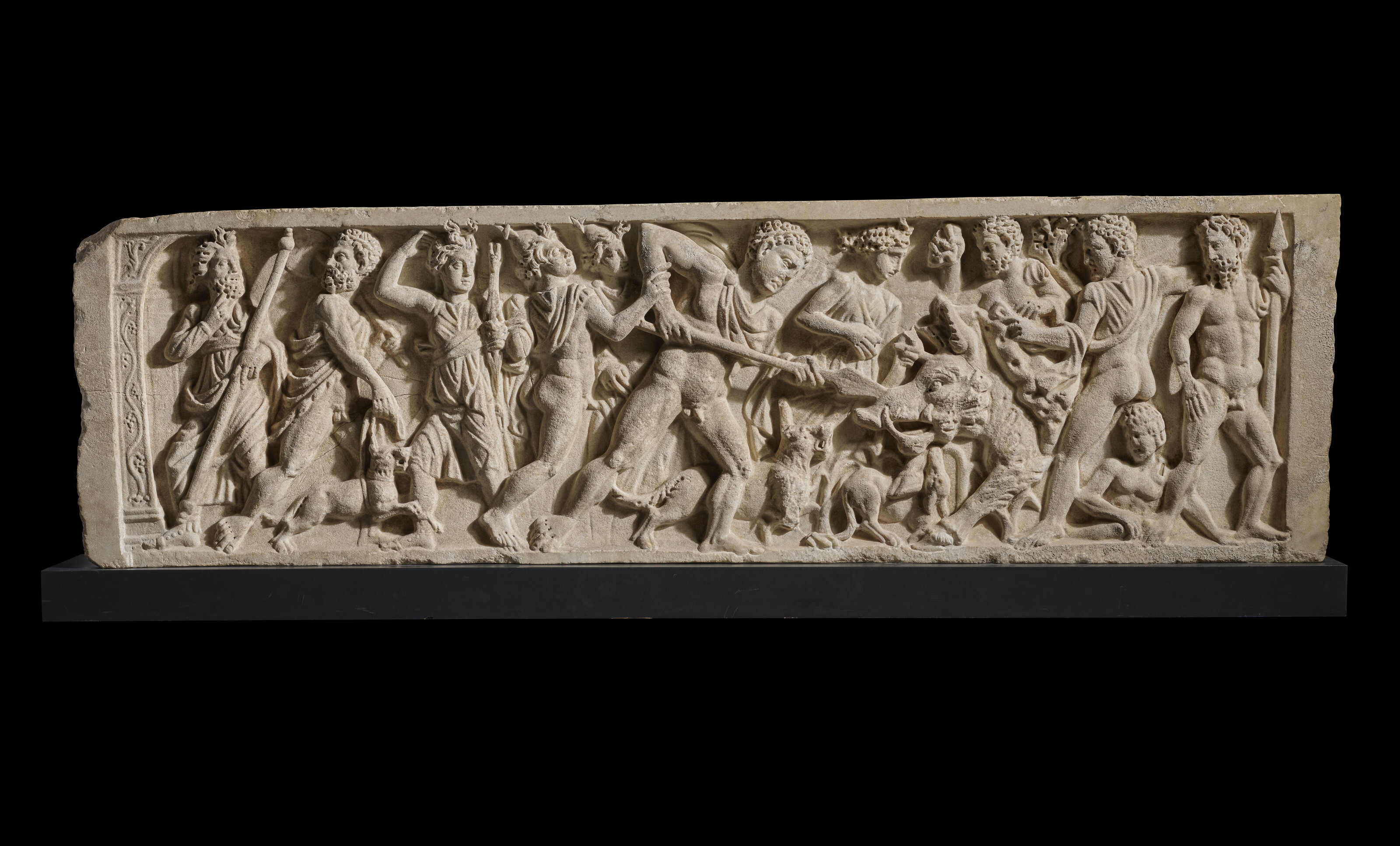 A Roman marble sarcophagus panel depicting the Calydonian boar hunt, circa 220-230 A.D., offered in Antiquities on 2 July 2025 at Christie's in London
