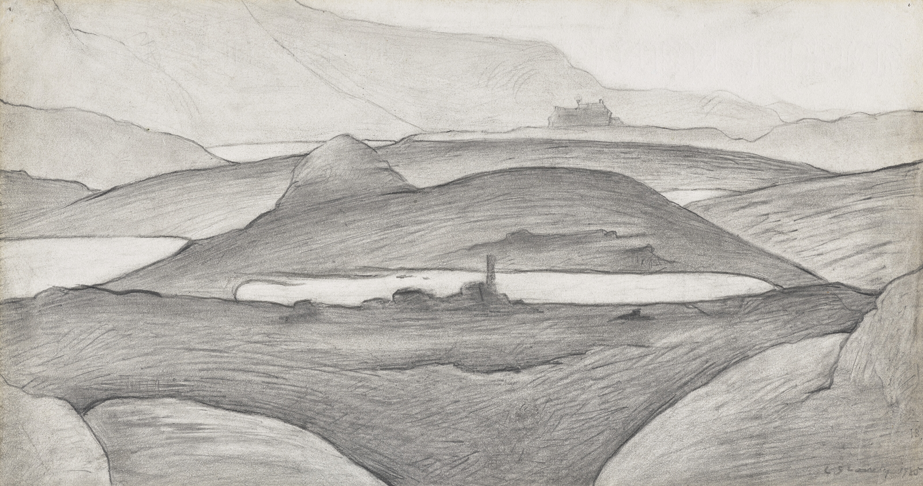 LS Lowry, Moorland View with Ruined Farmhouse, 1920, offered in the Modern British and Irish Art Day Sale on 20 March 2025 at Christie's in London
