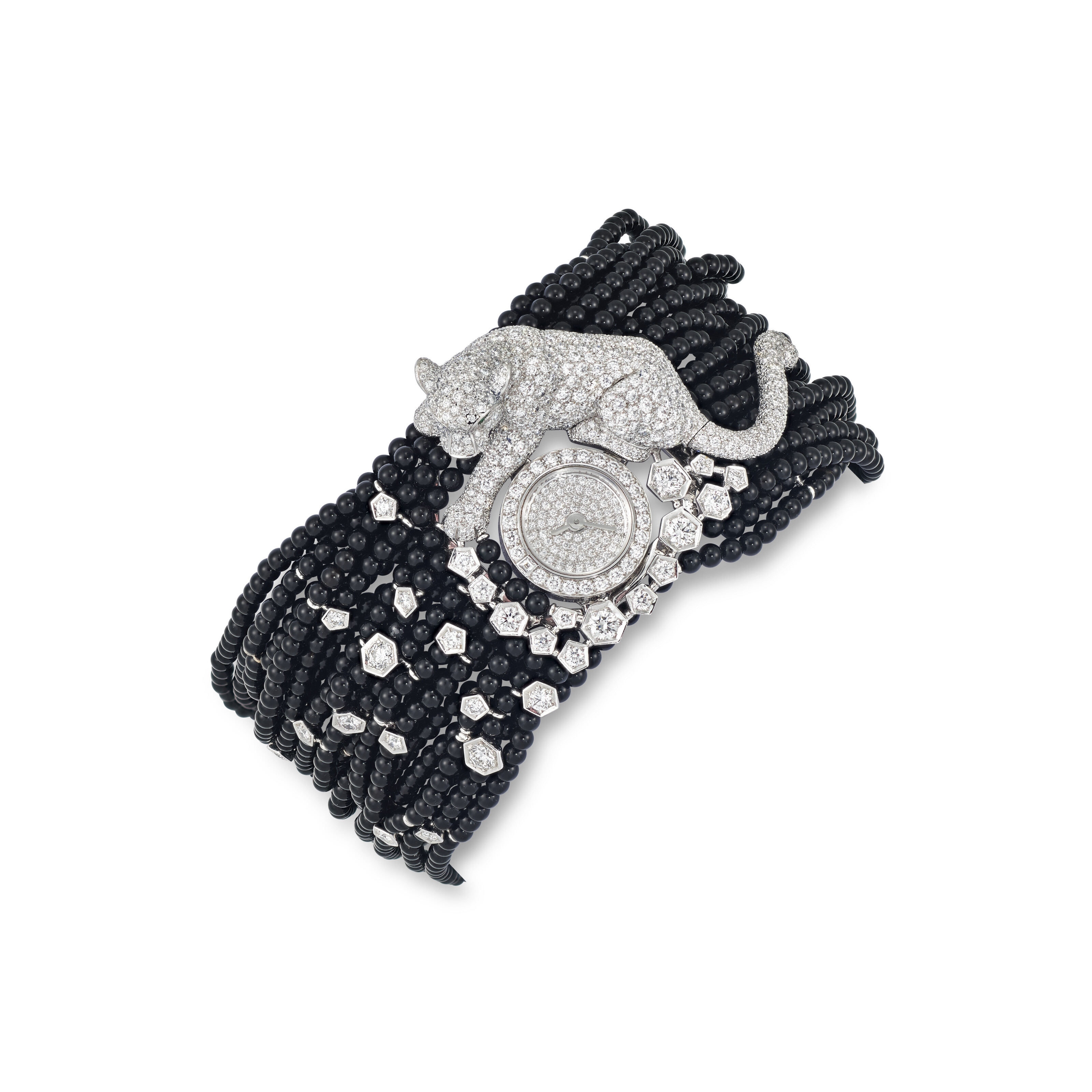 Cartier. An onyx and diamond Panthere High Jewellery bracelet/watch, 2015, offered in Jewels Online: The London Edit, until 6 June 2025 at Christie's Online