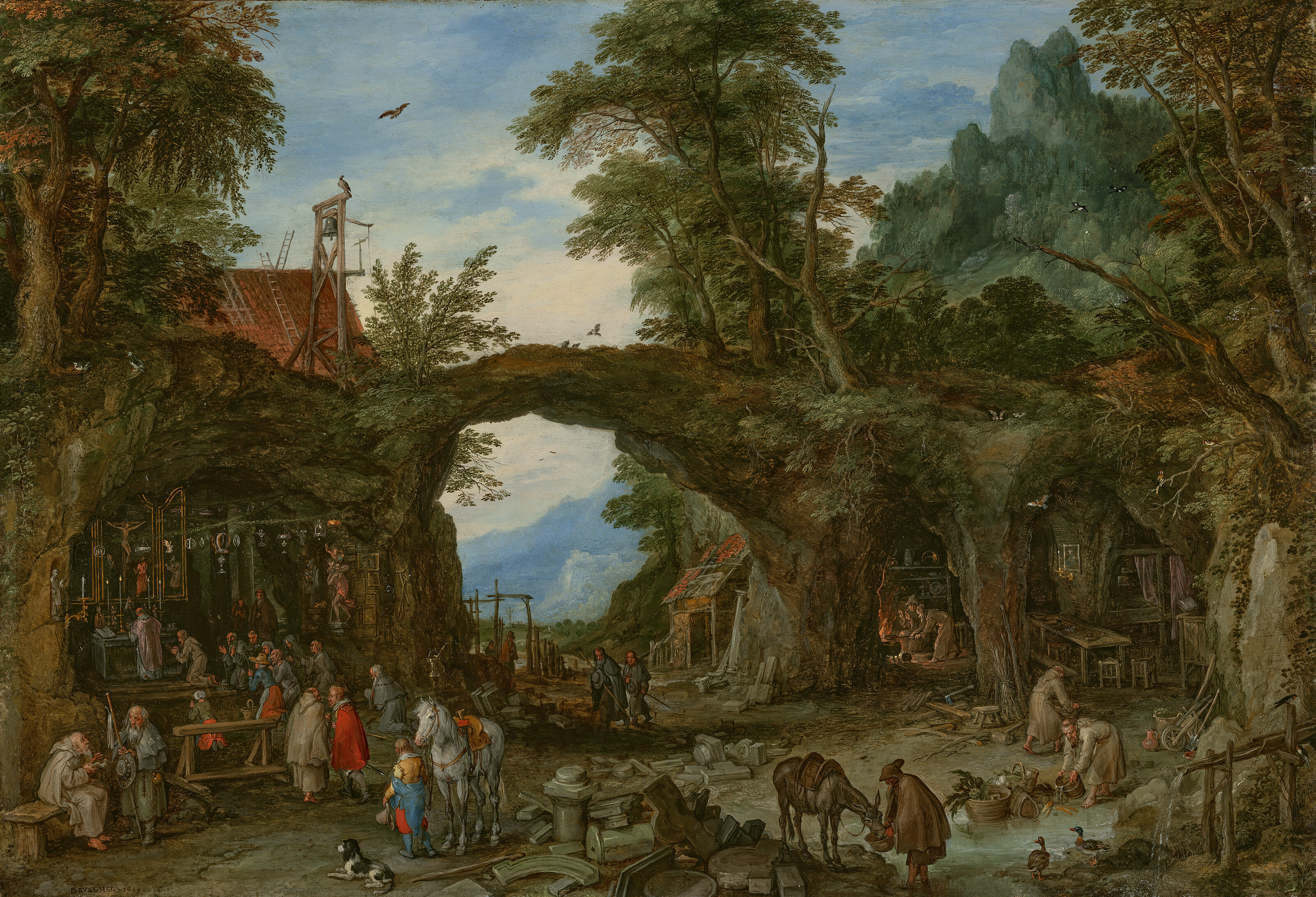 Jan Brueghel the Elder, A mountainous wooded landscape with hermits and a mass being held at a shrine, 1619, offered in the Old Masters Evening Sale on 1 July 2025 at Christie's in London
