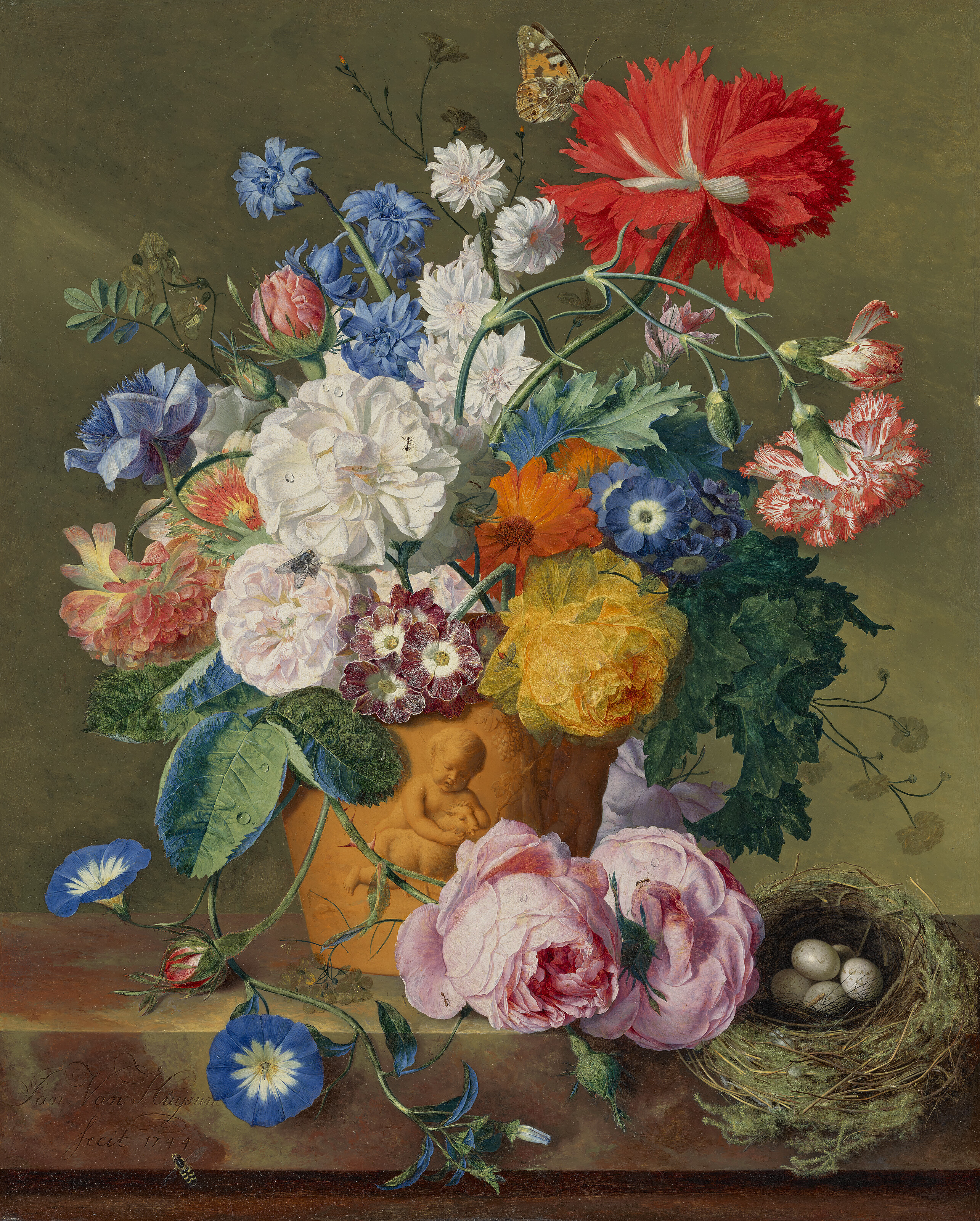 Jan van Huysum, one of a pair: Roses and other flowers in a terracotta vase with a bird's nest on a marble ledge, 1744, offered in the Old Masters Evening Sale on 1 July 2025 at Christie's in London