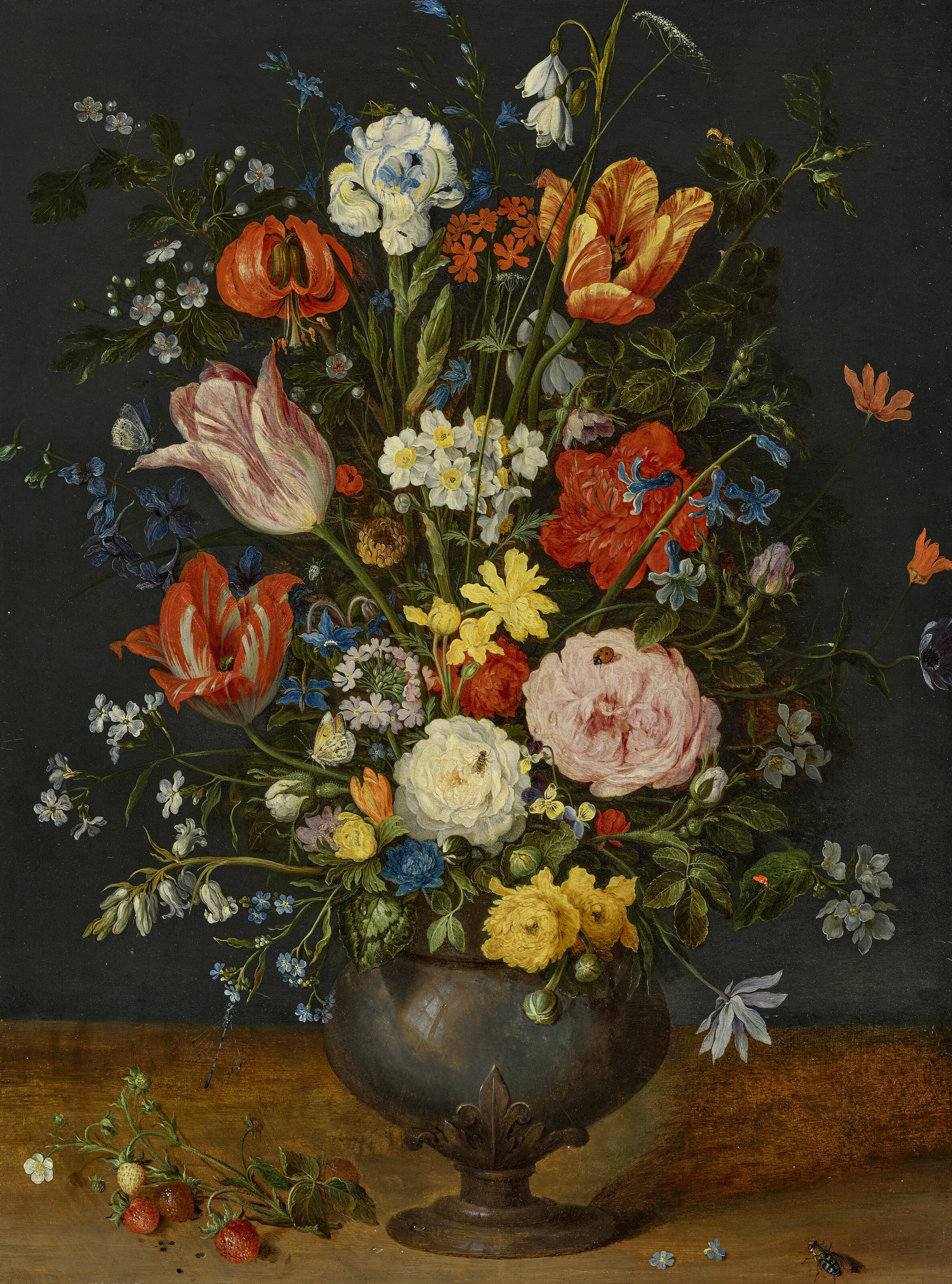 Jan Brueghel the Younger, Roses, parrot tulips, narcissi, a lily, a delphinium, borage, moss roses, forget-me-nots, viola and other flowers in a pewter vase, with a strawberry sprig and a fly on a wooden ledge, offered in the Old Masters Evening Sale on 1 July 2025 at Christie's in London