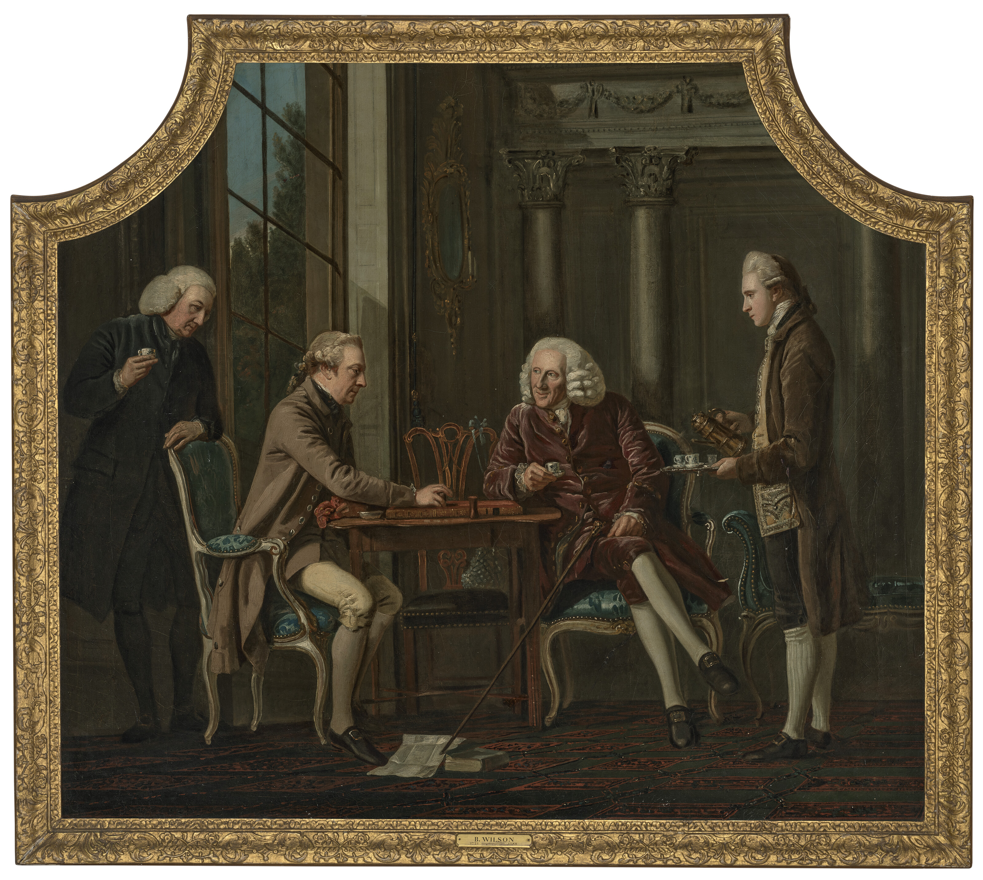 Two gentlemen playing dice, watched by a gentleman and an attendant pouring coffee, in an interior