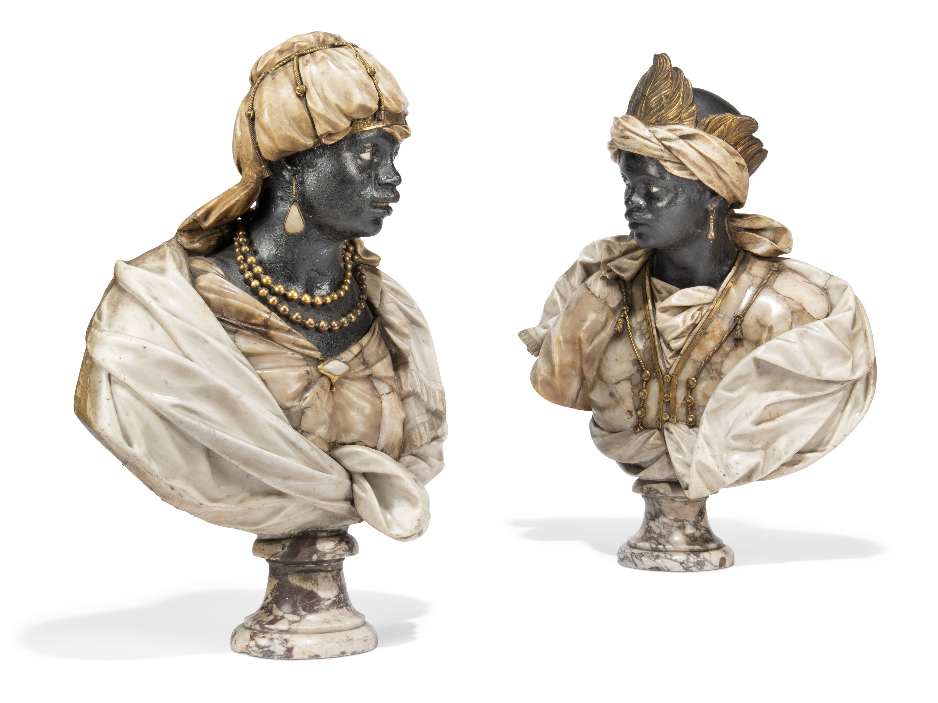 A pair of alabaster, marble, gilt-bronze and painted plaster busts of a man and woman, Italian or French, probably late 17th or early 18th century, offered in Collections: Property from the Viscount Wimborne and the Earl of Suffolk and Berkshire, until 9 April 2025 at Christie's Online