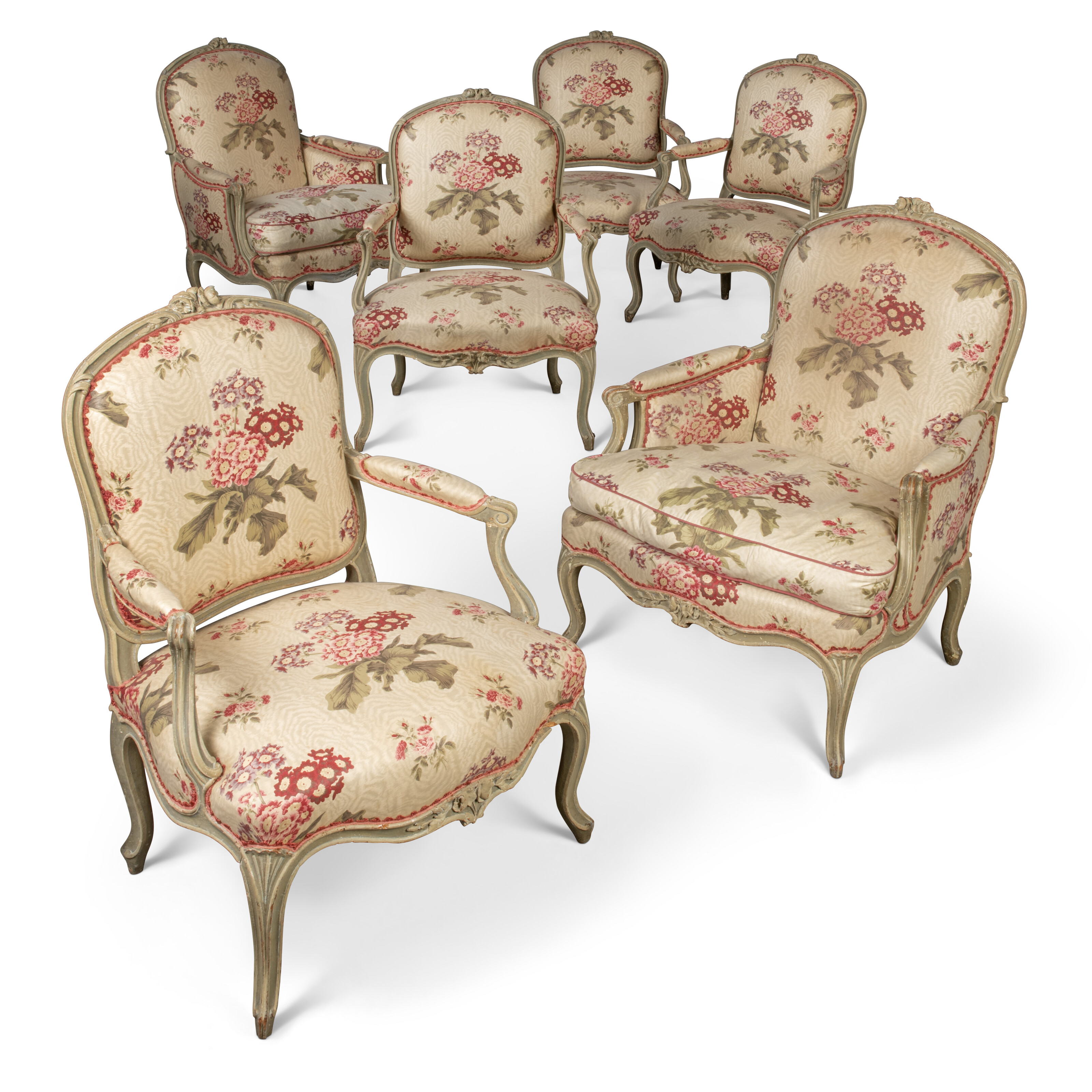 A suite of Louis XV pale-blue and grey-painted seat furniture, by Jean-Baptiste Lebas, mid-18th century, offered in Collections: Property from the Viscount Wimborne and the Earl of Suffolk and Berkshire, until 9 April 2025 at Christie's Online