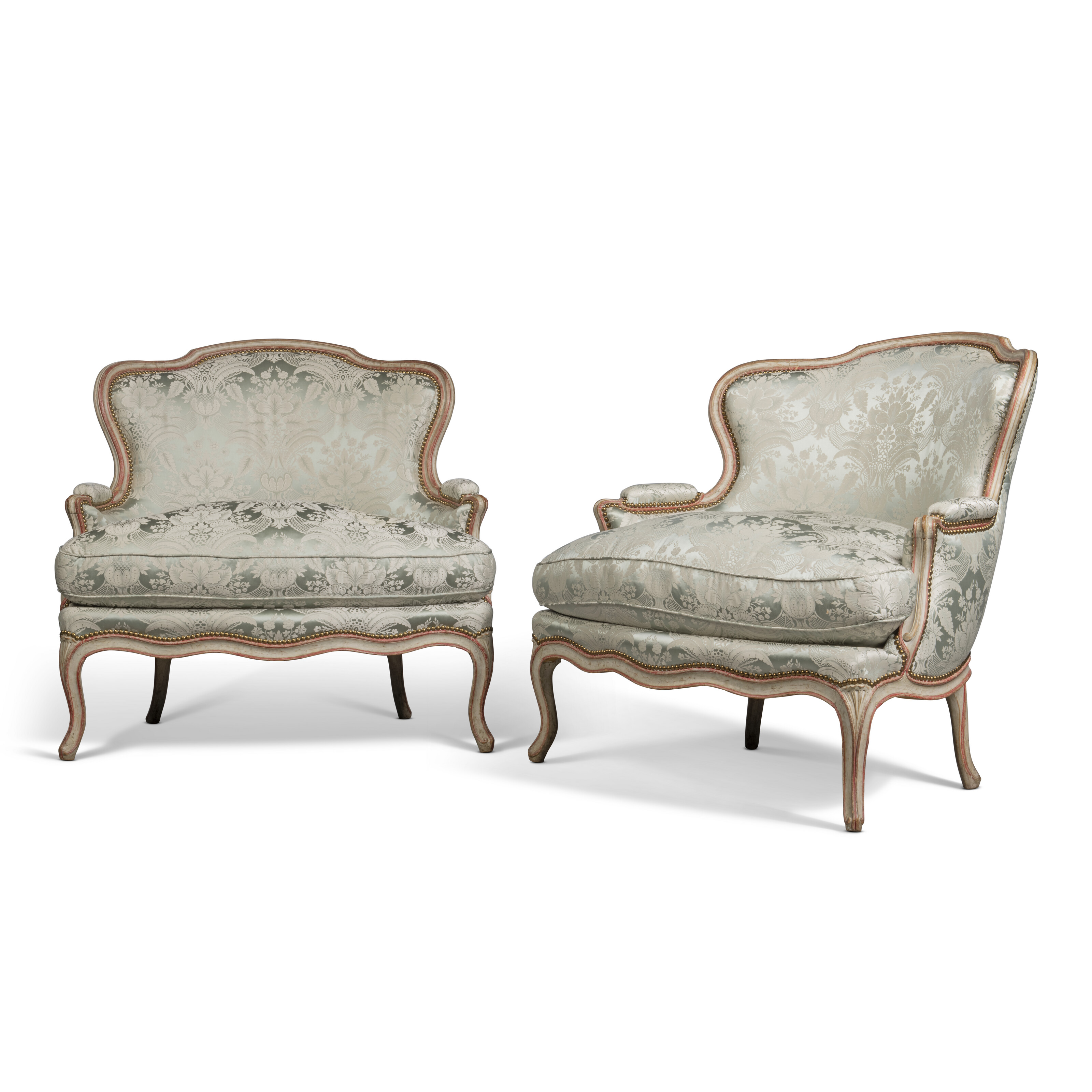 A PAIR OF LOUIS XV GREY AND RED-PAINTED MARQUISES, BY MATHIEU BAUVE ...