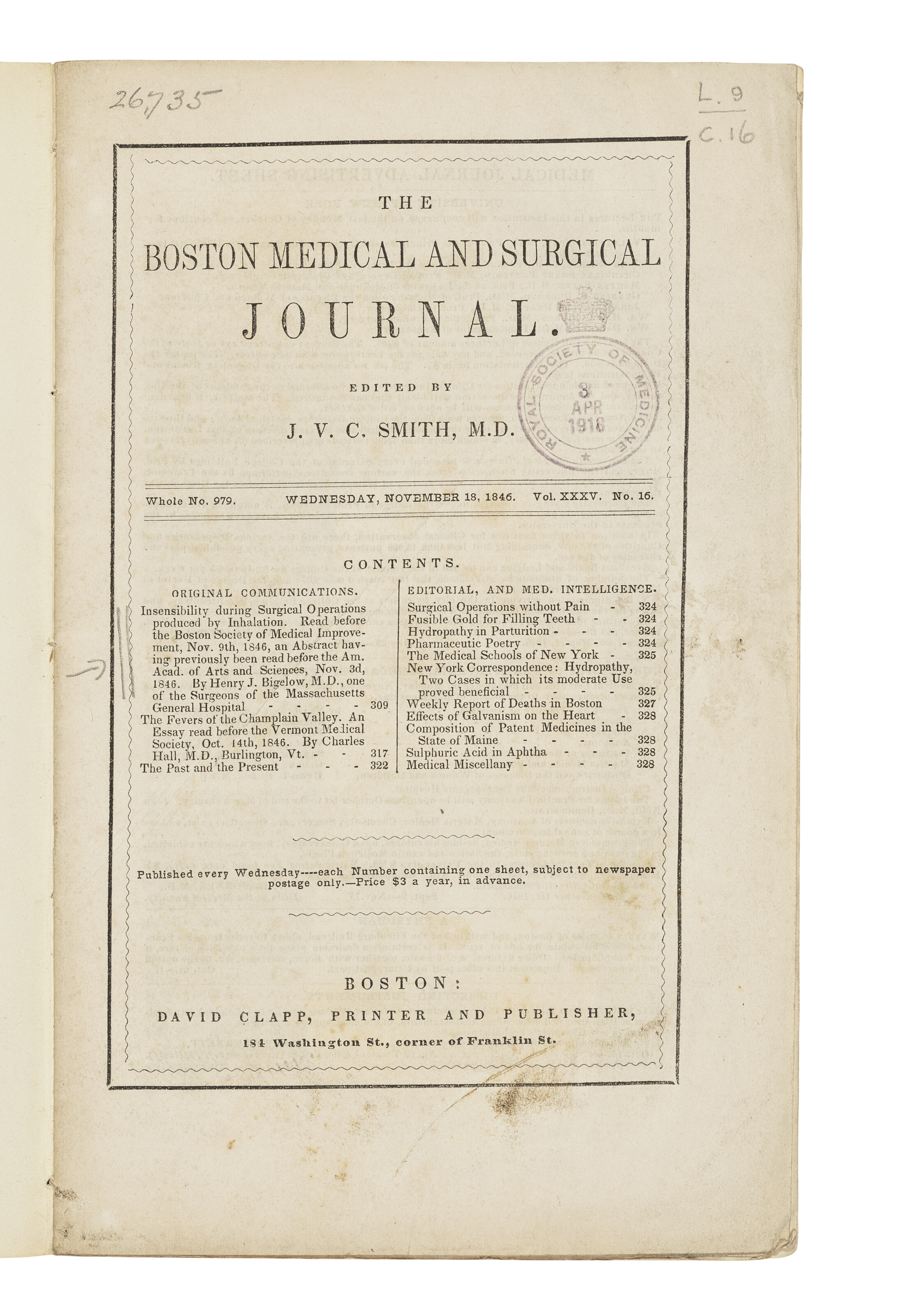 Henry Jacob Bigelow, 'Insensibility during surgical operations produced by inhalation'. In: The Boston Medical and Surgical Journal, Vol. 35, No. 16, offered in Valuable Books, Manuscripts and Photographs, including Highlights from The Royal Society of Medicine on 10 December 2025 at Christie's in London