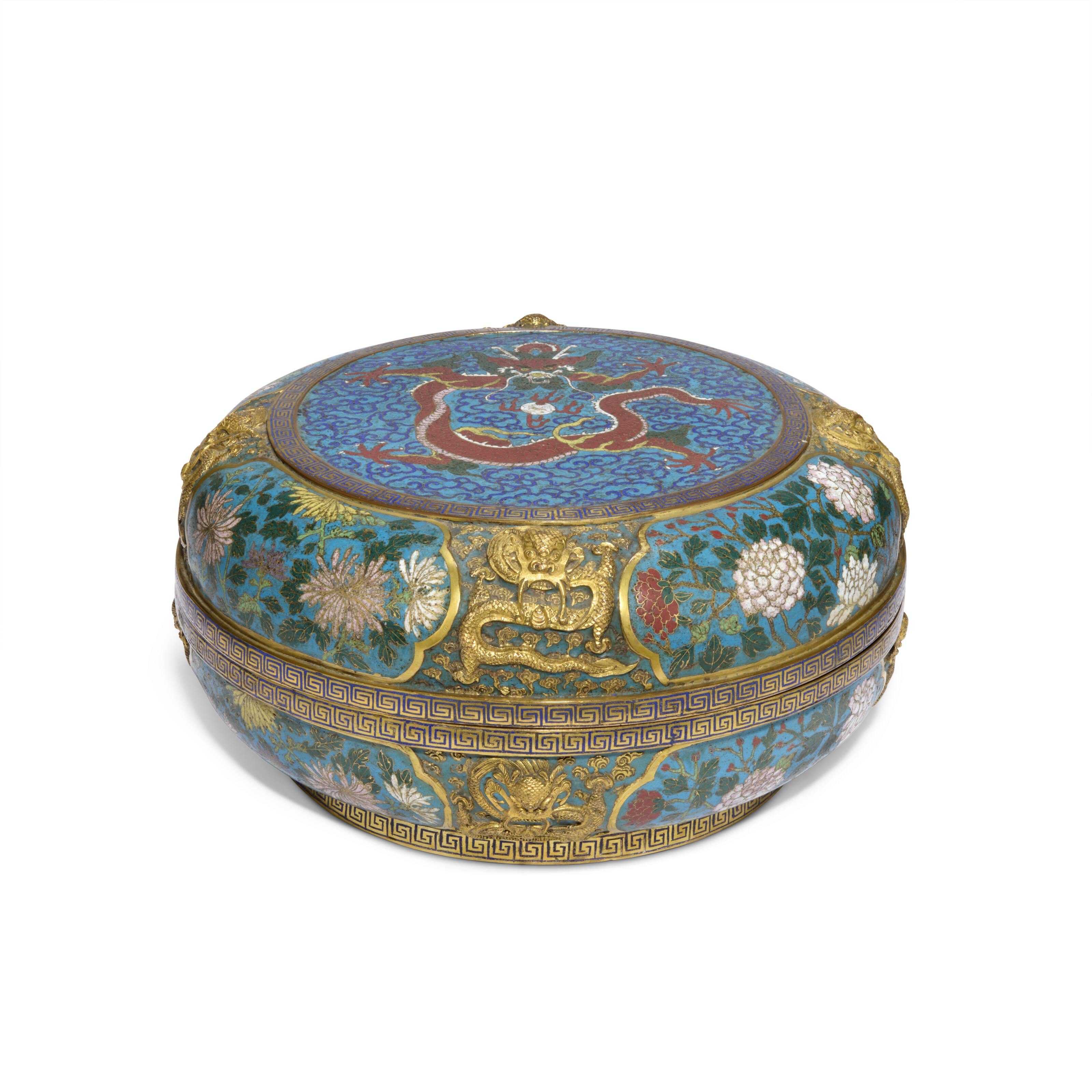 A CHINESE GILT-BRONZE AND CLOISONNE ENAMEL LARGE 'DRAGON' BOX AND