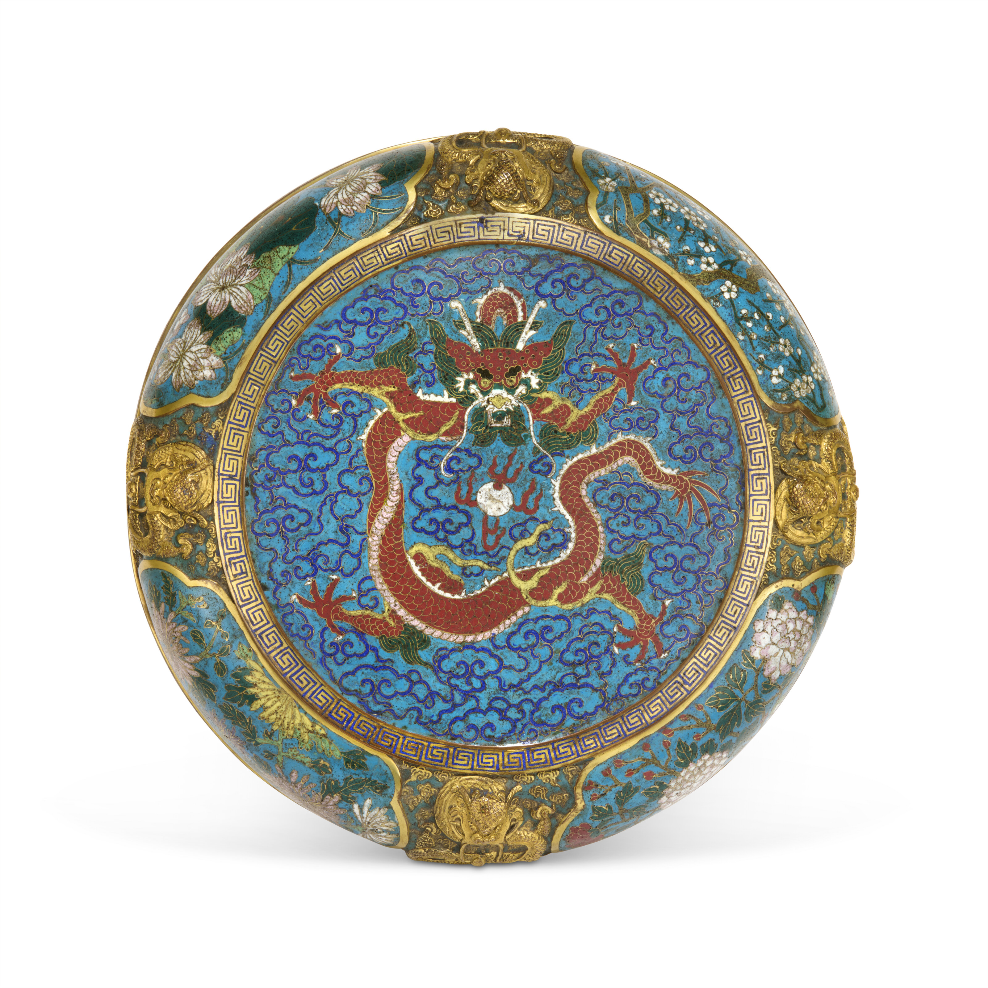 A CHINESE GILT-BRONZE AND CLOISONNE ENAMEL LARGE 'DRAGON' BOX AND