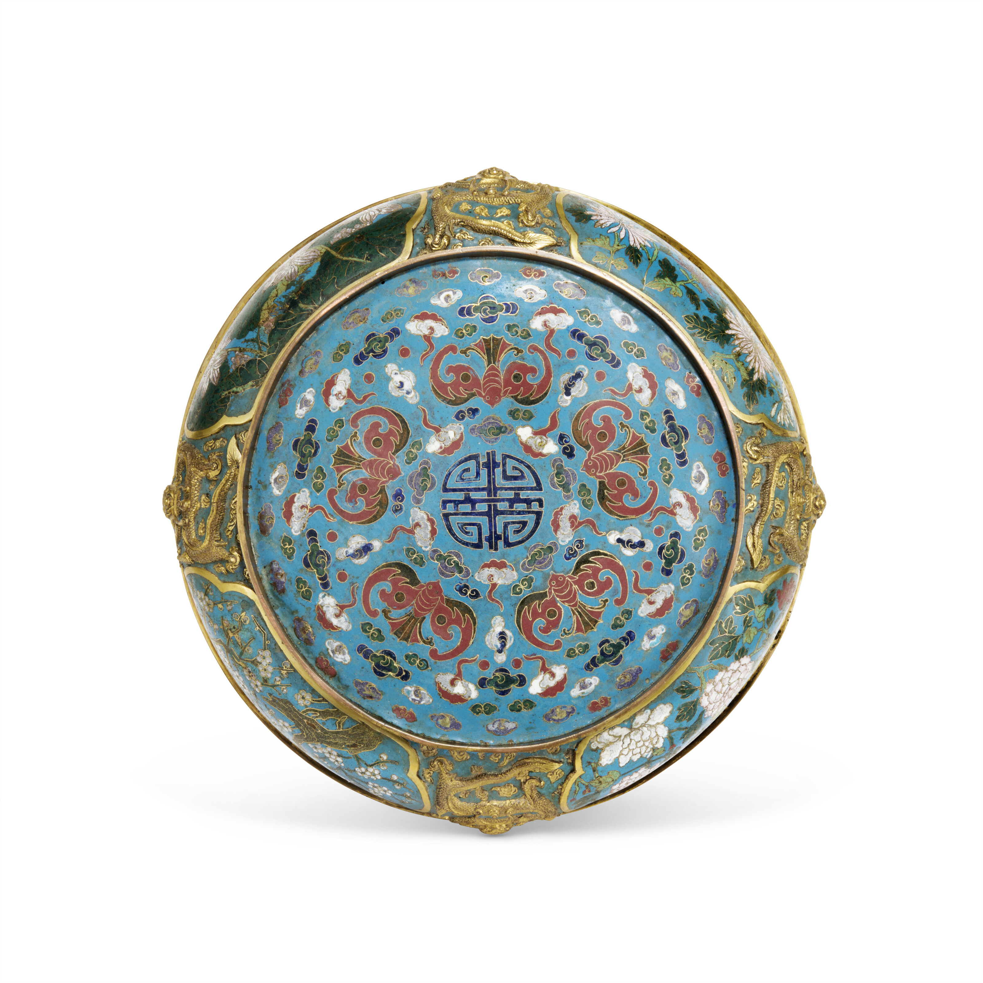 A CHINESE GILT-BRONZE AND CLOISONNE ENAMEL LARGE 'DRAGON' BOX AND