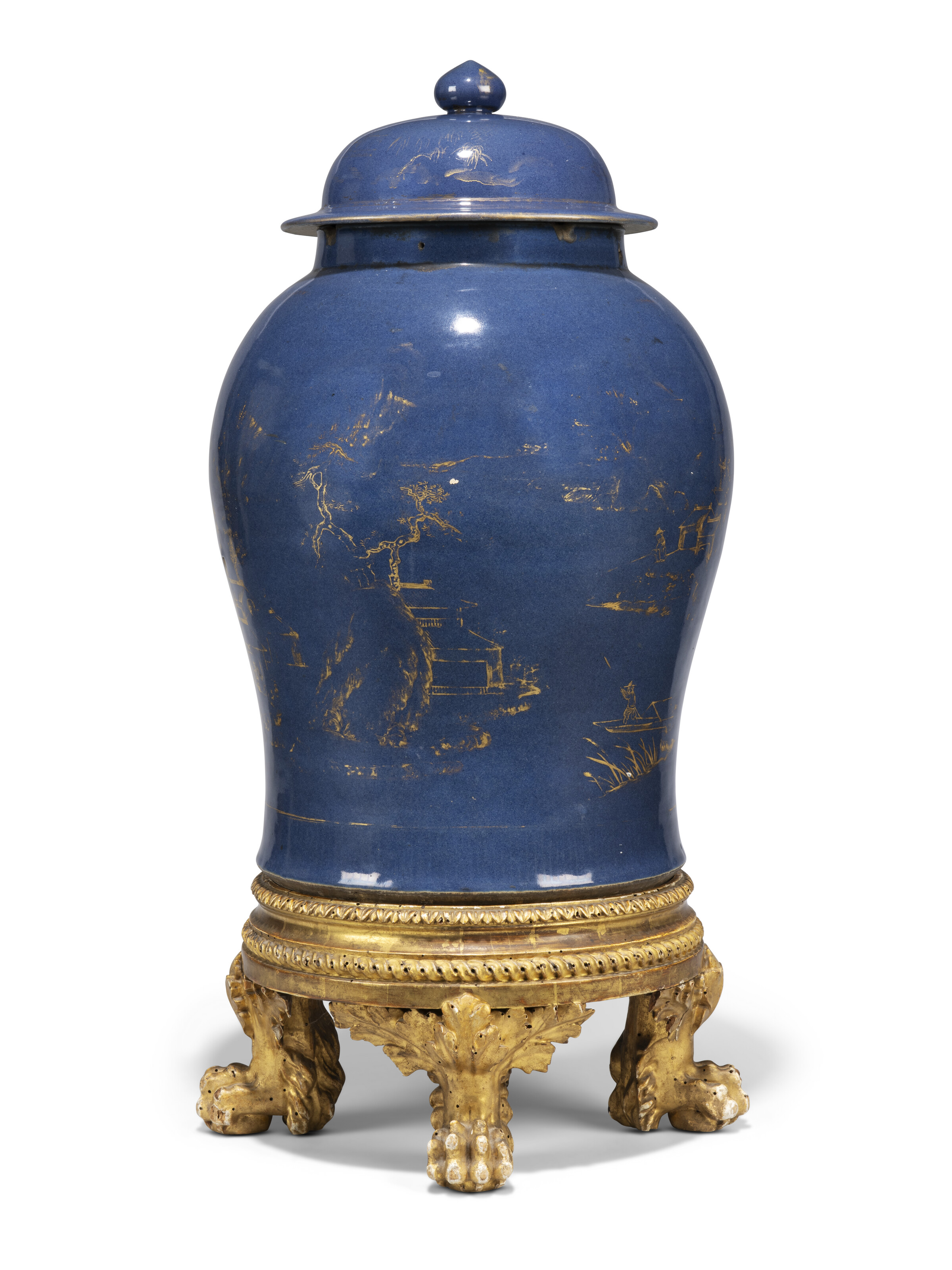 A CHINESE POWDER-BLUE GILT-DECORATED BALUSTER VASE AND COVER ON A