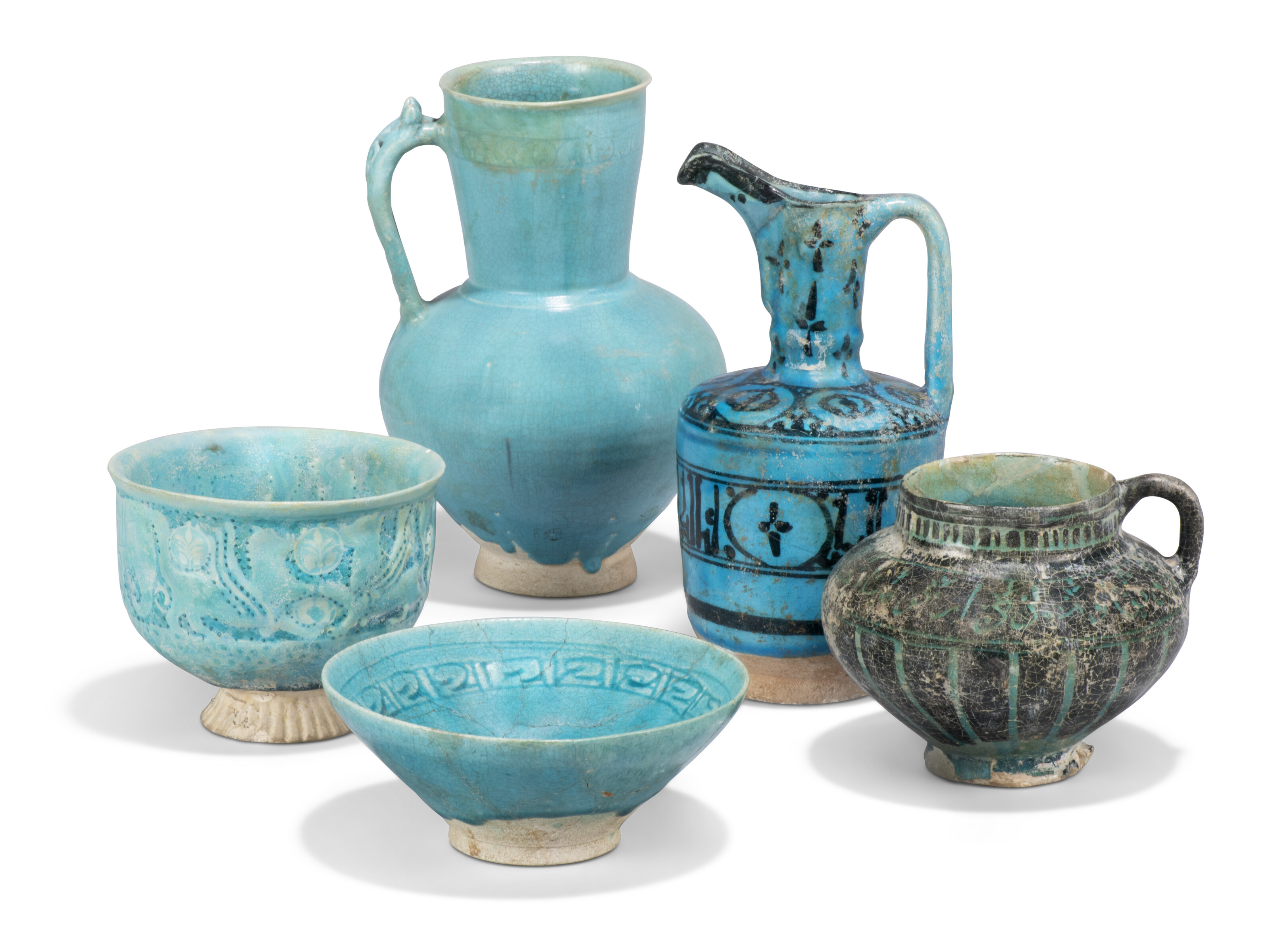 ARCHITECTURAL POTTERY② FIVE TURQUOISE-GLAZED KASHAN POTTERY VESSELS, IRAN, 12TH/13TH