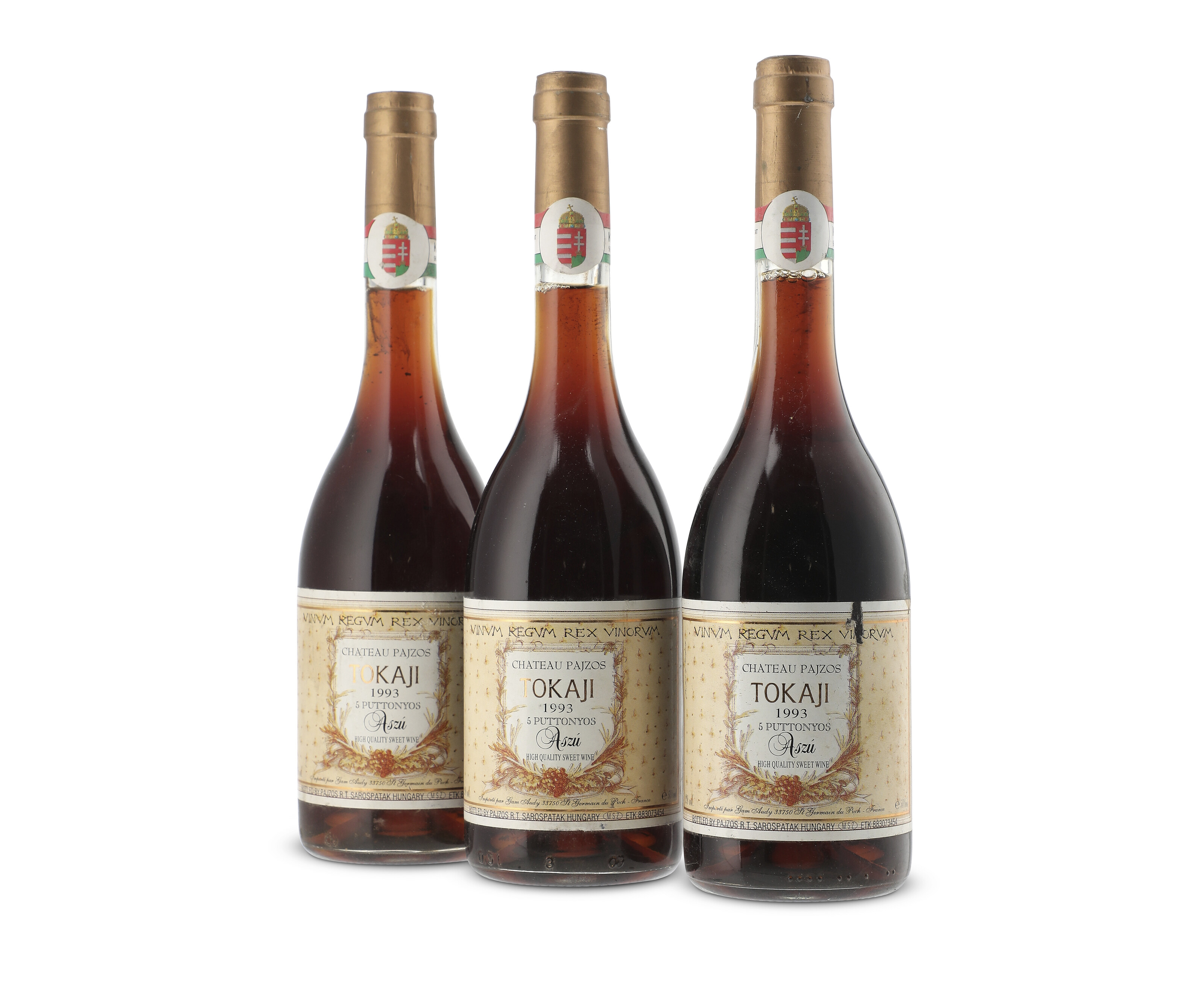 Pajzos, Aszu 5 Puttonyos, Tokaj 1993, Slightly bin-soiled labels, two ...