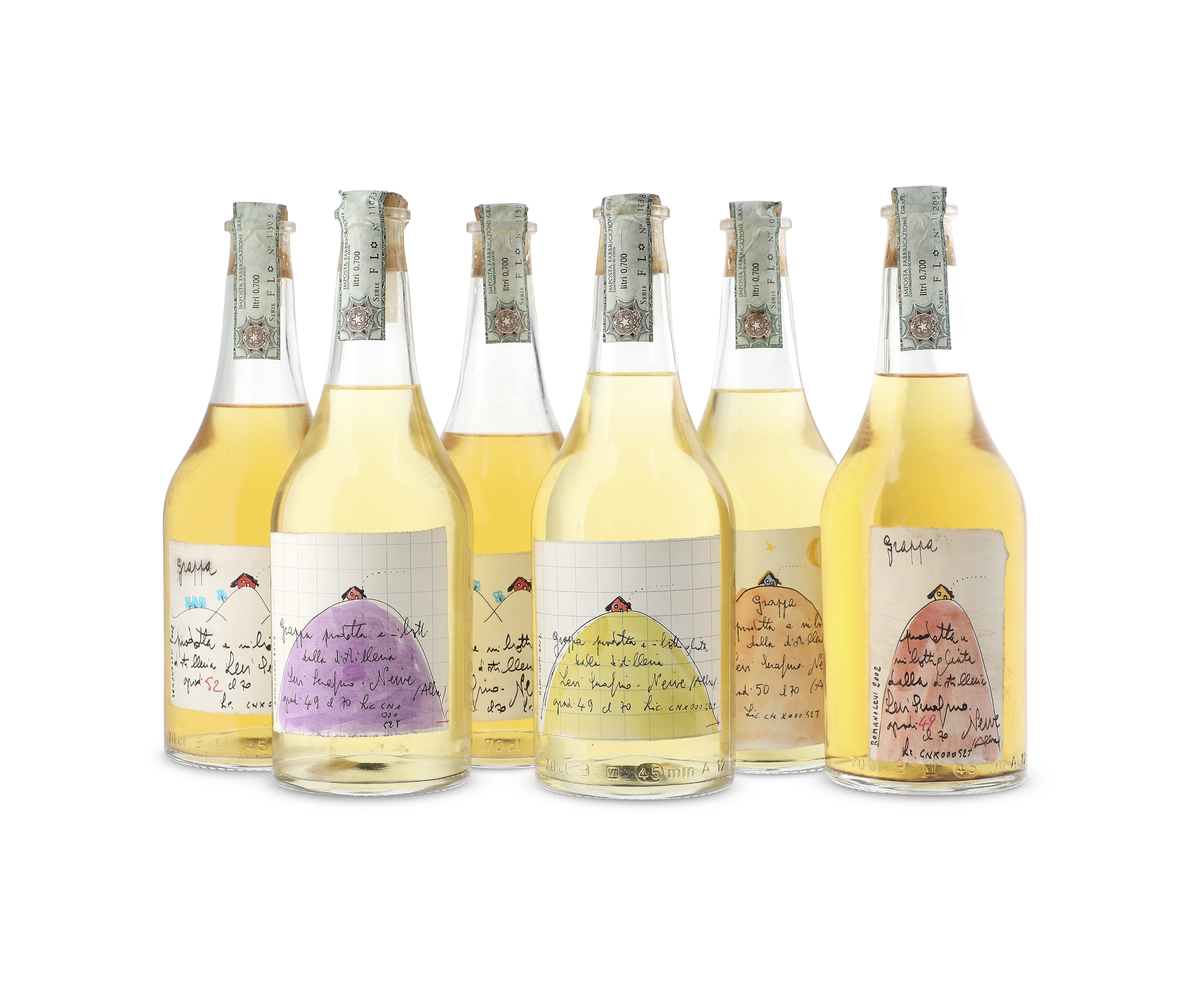 Romano Levi, Grappa 2002, House on hill labels. Slightly bin-soiled ...
