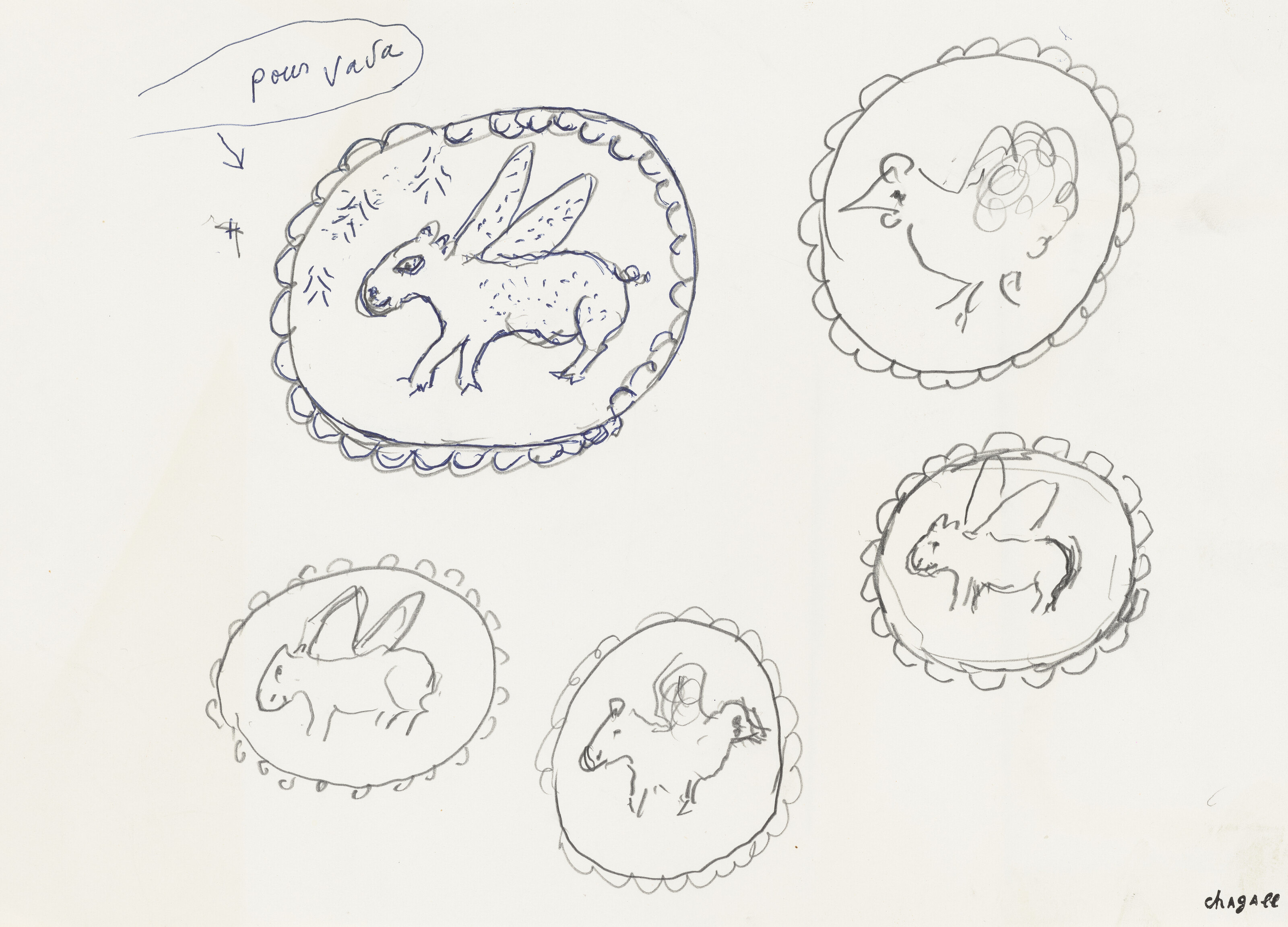 MARC CHAGALL — Projet pour des médaillons autour de L'Odyssée (1974) et pour des projets de bijoux pour Vava