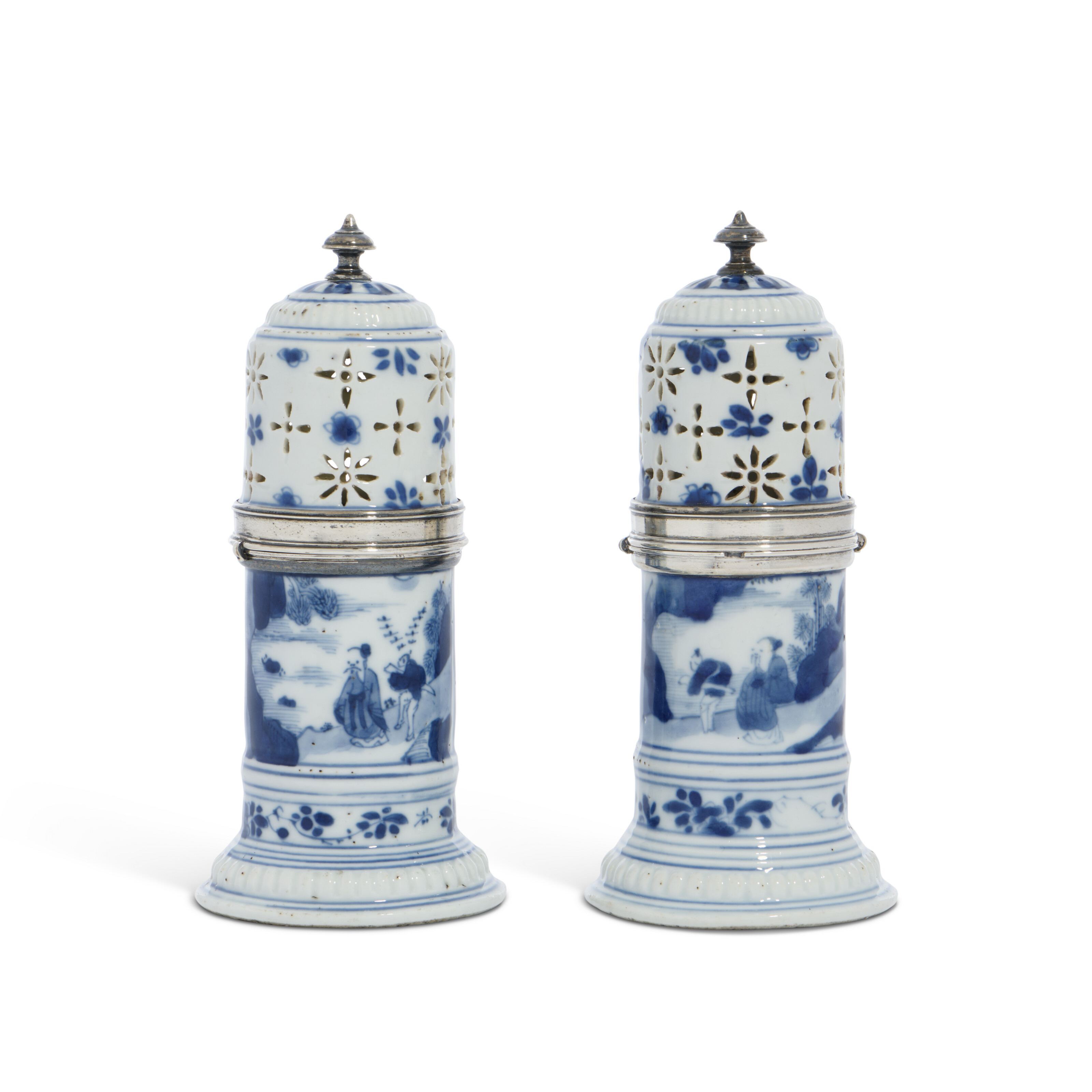 An unusual pair of Chinese export silver-mounted blue-and-white sugar sifters. China, Qing dynasty, Kangxi period (1662-1722), offered in Art of Asia Including the Palmer Family Collection - Online until 12 November 2025 at Christie's Online